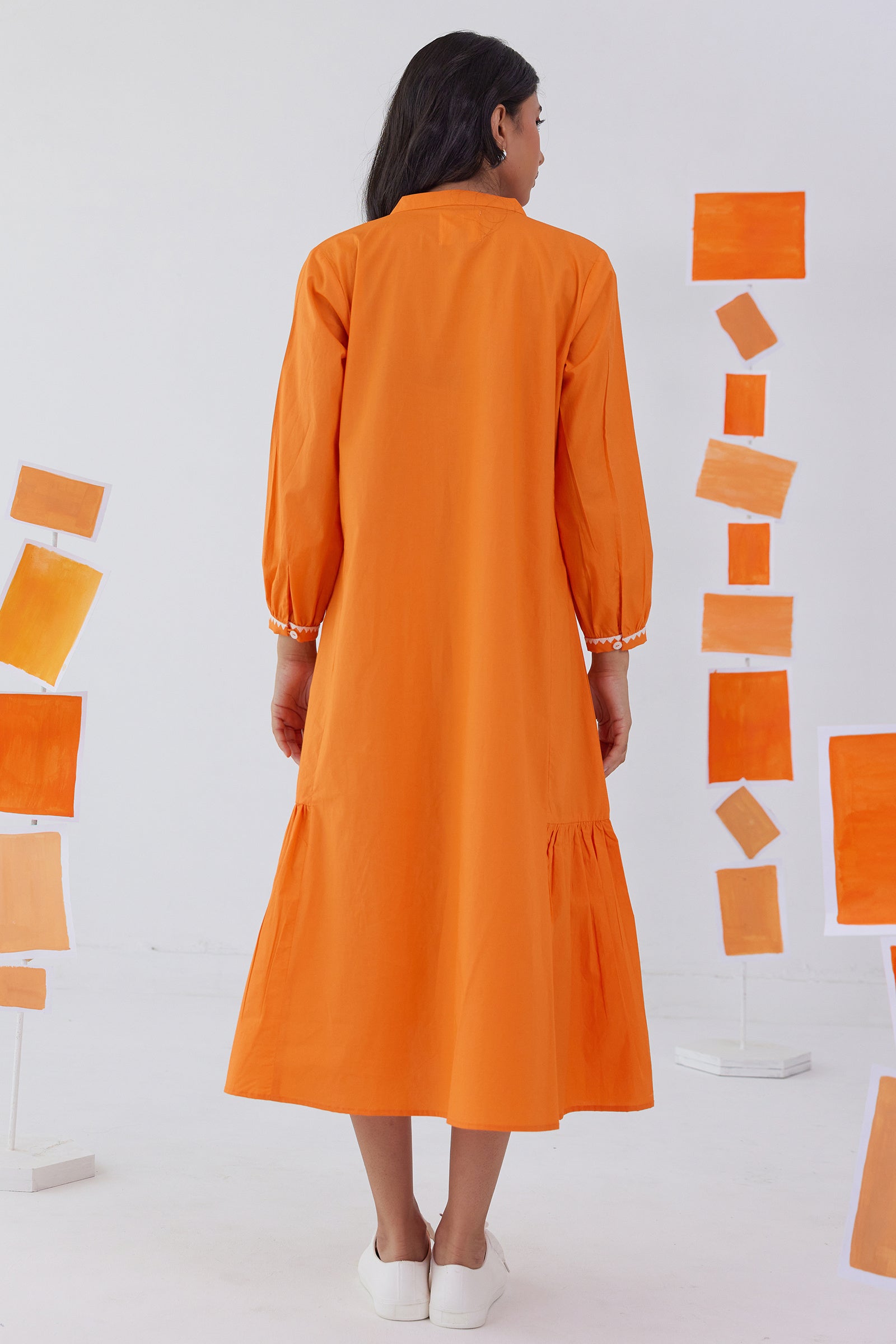 NECTAR ORANGE POPLIN CALF LENGTH DRESS