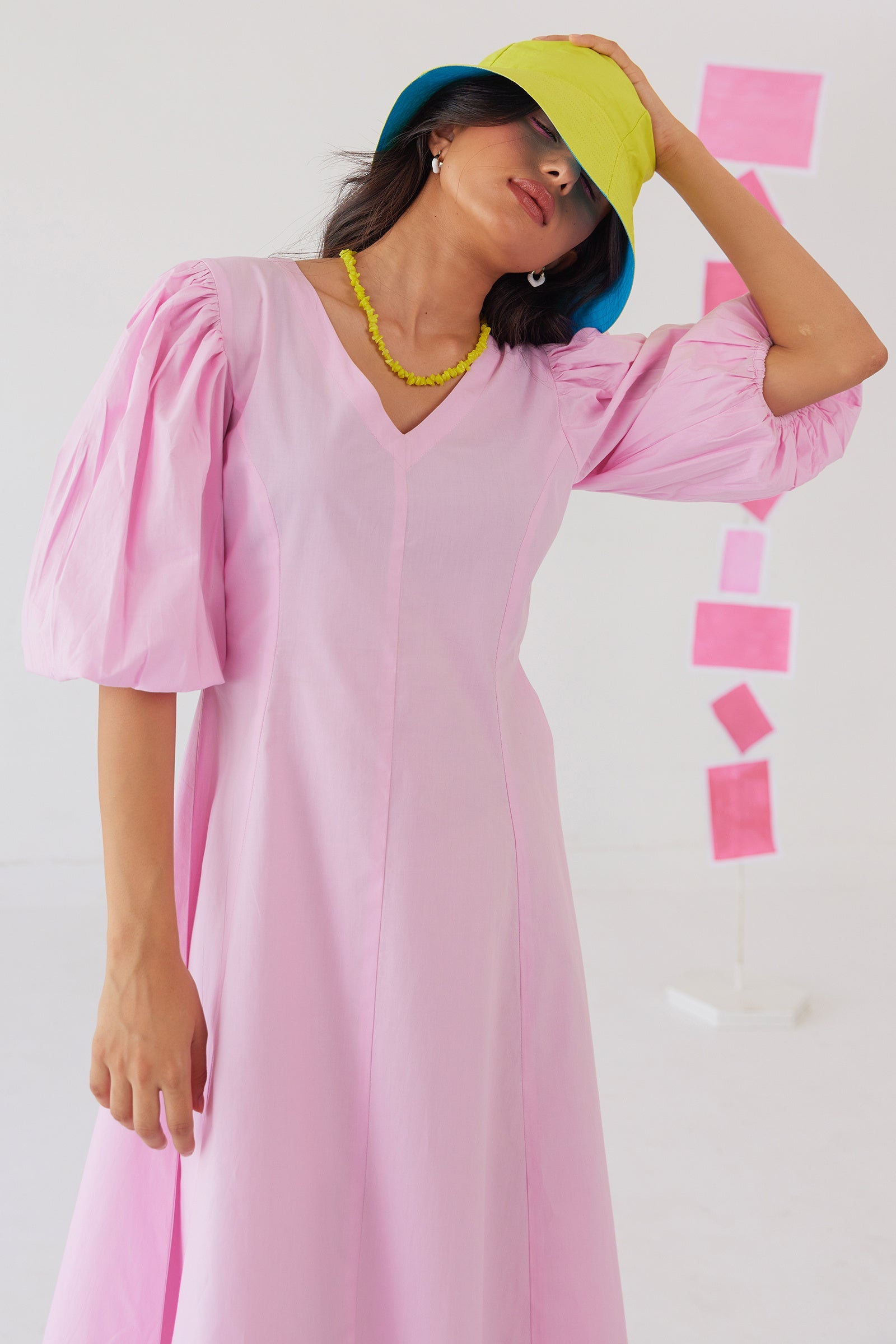 BUBBLEGUM PINK POPLIN PUFF SLEEVES MIDI DRESS