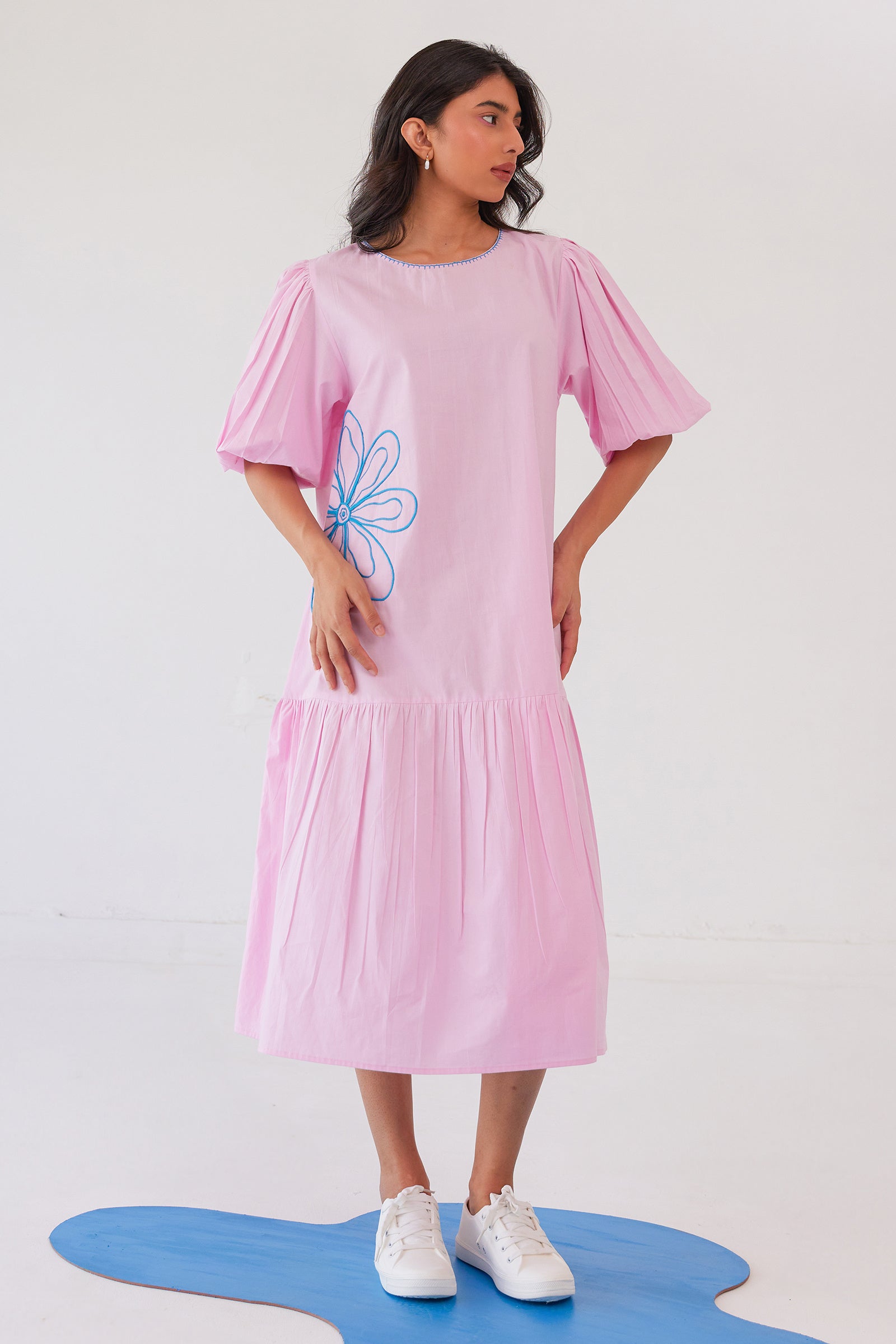 PARFAIT PINK POPLIN EMBROIDERED TIERED CALF LENGTH DRESS