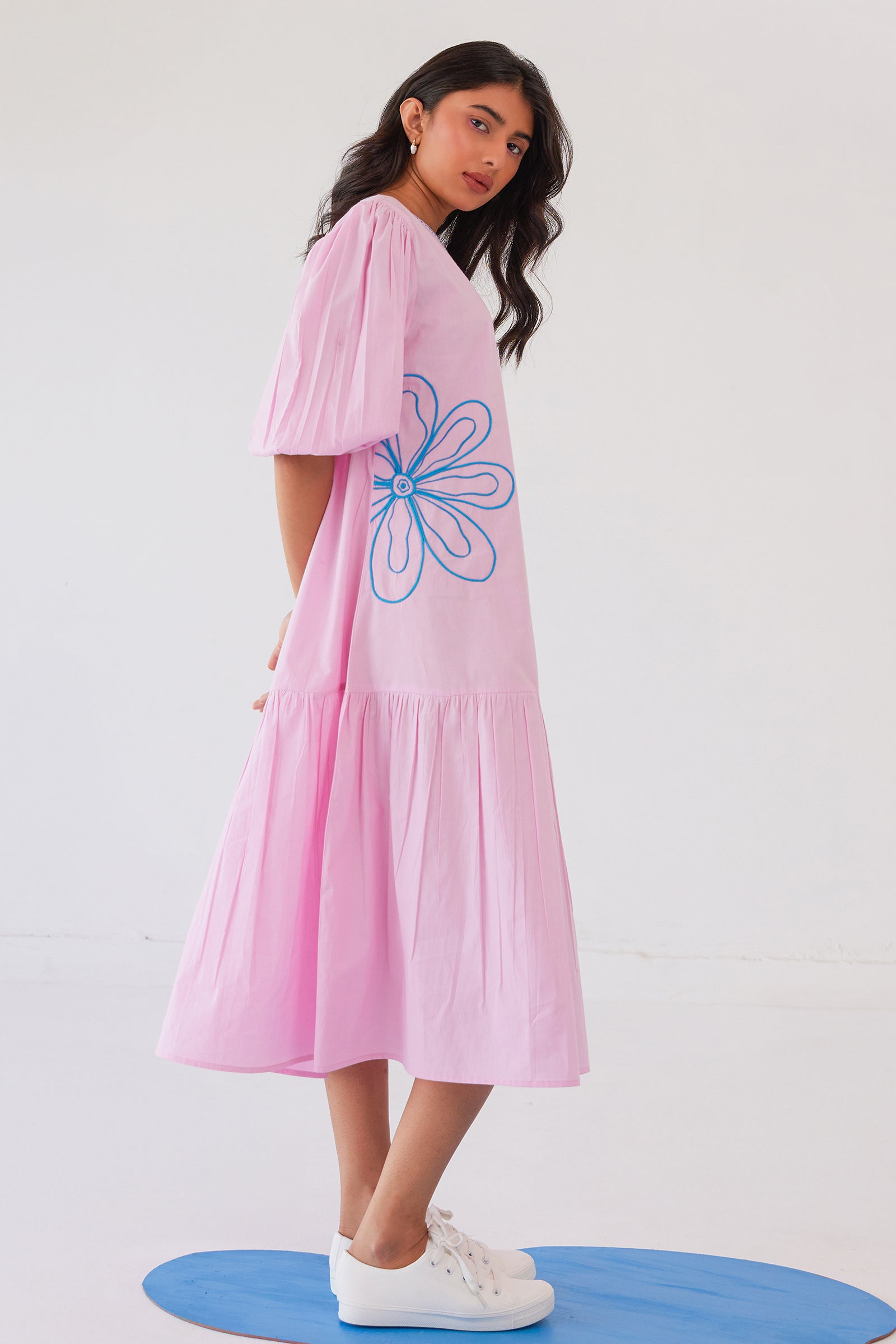 PARFAIT PINK POPLIN EMBROIDERED TIERED CALF LENGTH DRESS
