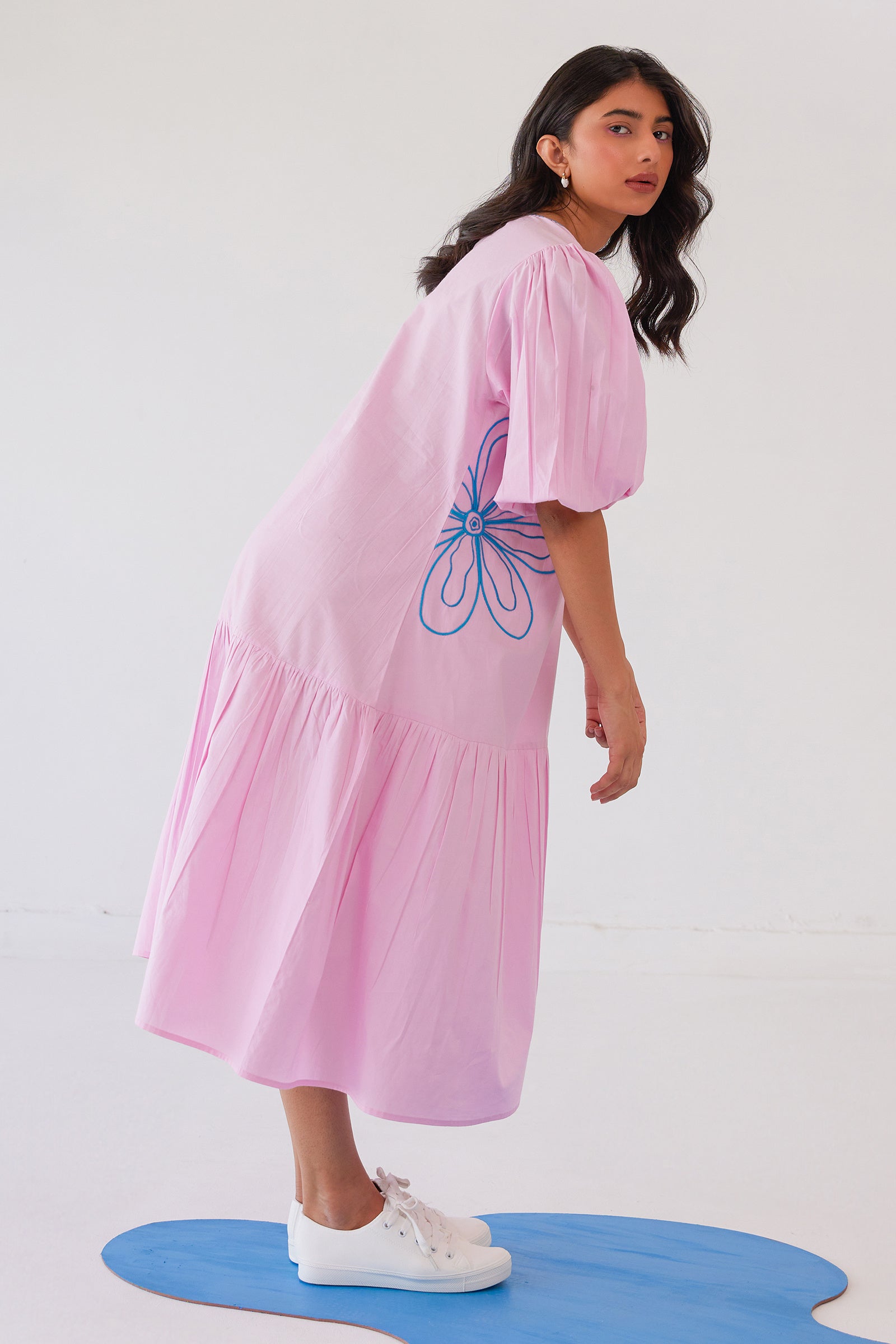 PARFAIT PINK POPLIN EMBROIDERED TIERED CALF LENGTH DRESS
