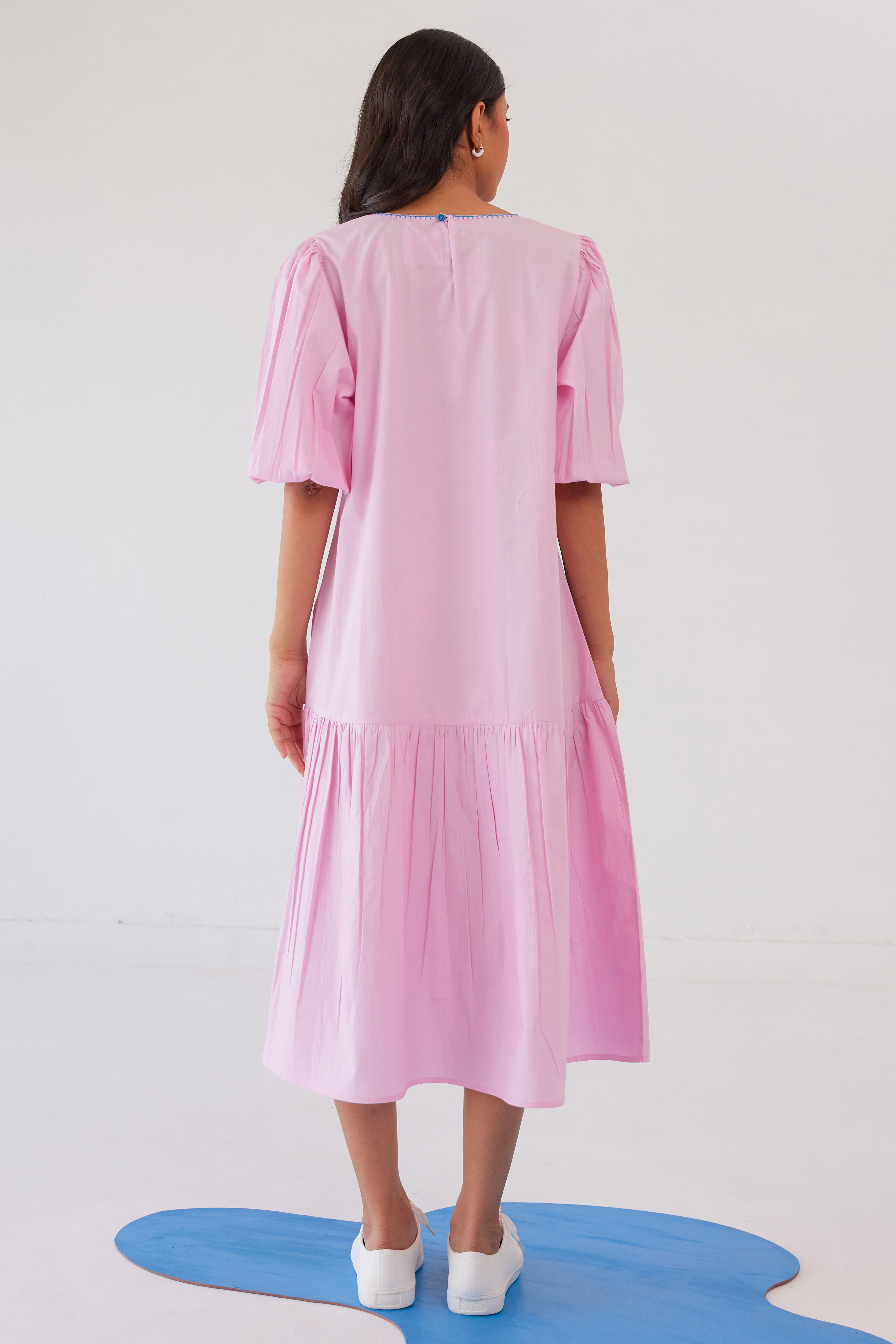 PARFAIT PINK POPLIN EMBROIDERED TIERED CALF LENGTH DRESS