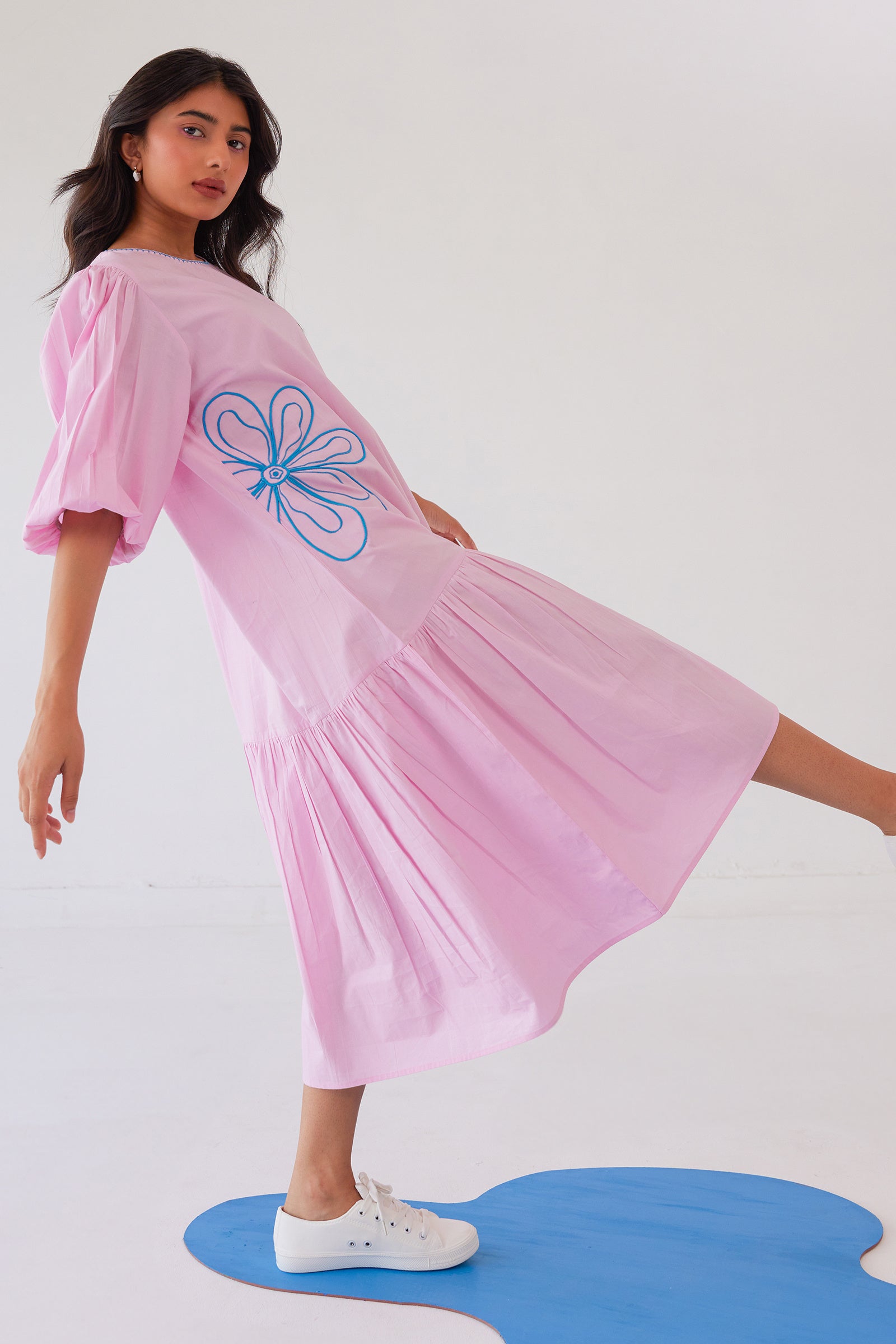 PARFAIT PINK POPLIN EMBROIDERED TIERED CALF LENGTH DRESS