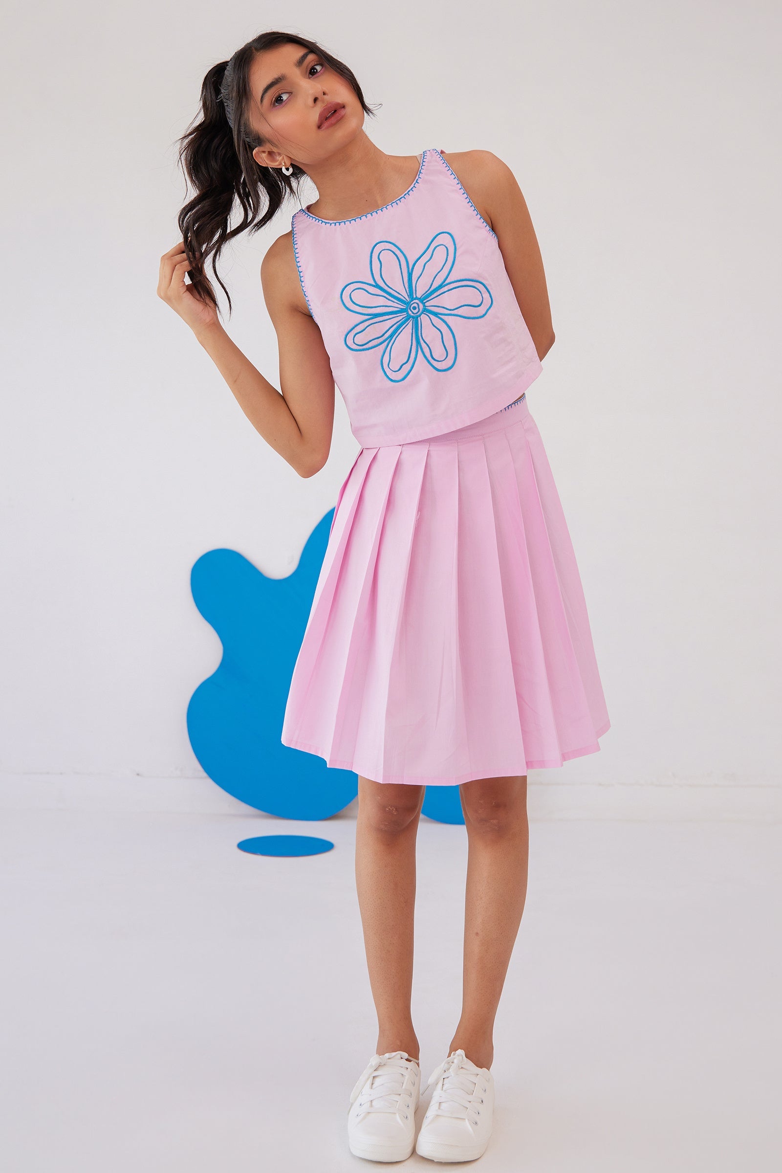 POWERPUFF PINK EMBROIEDERED TOP - PLEATED SKIRT SET