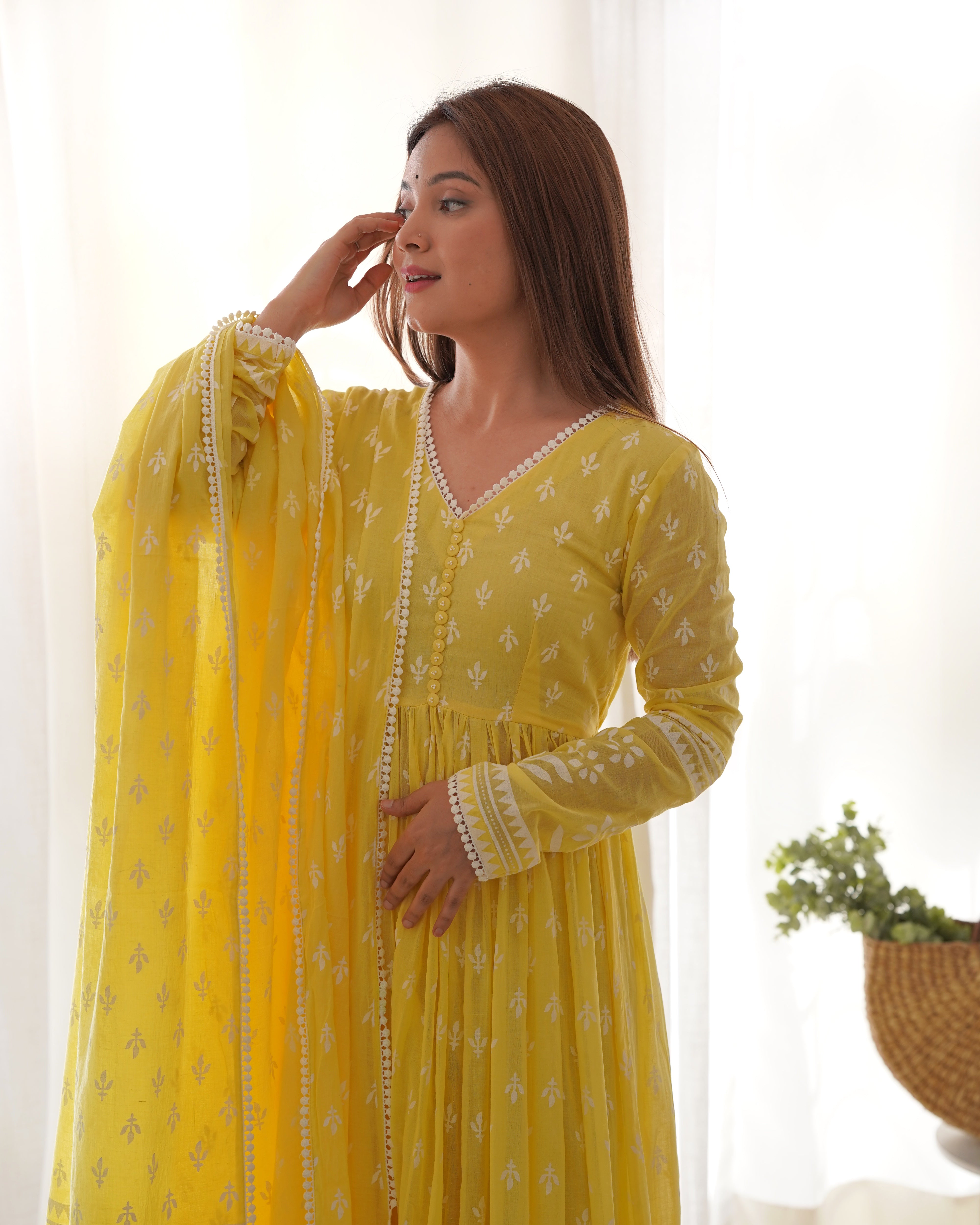 VARNIKA YELLOW MULMUL ANARKALI SET (RTS)