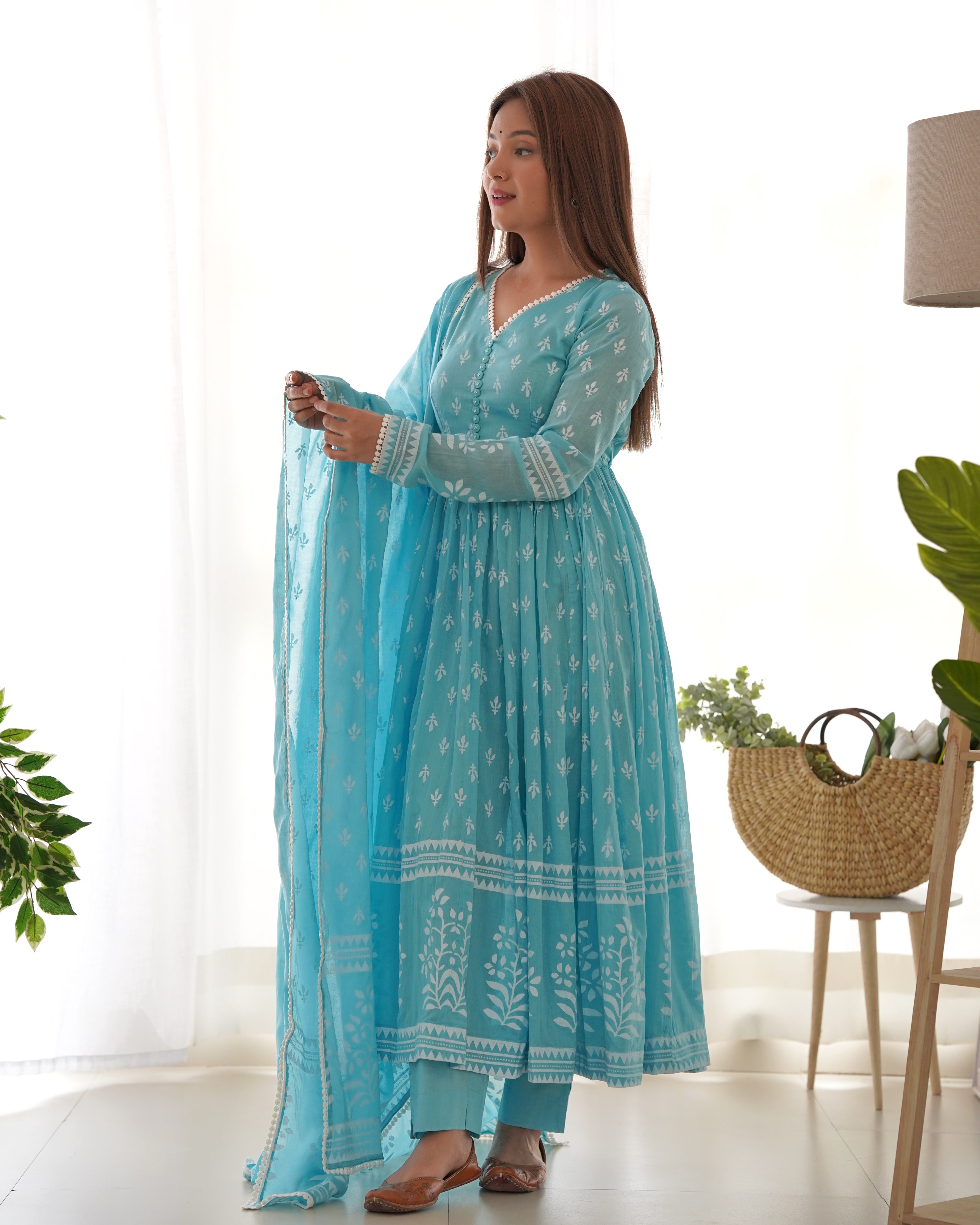 MAITREE ICE BLUE MULMUL ANARKALI SET (RTS)