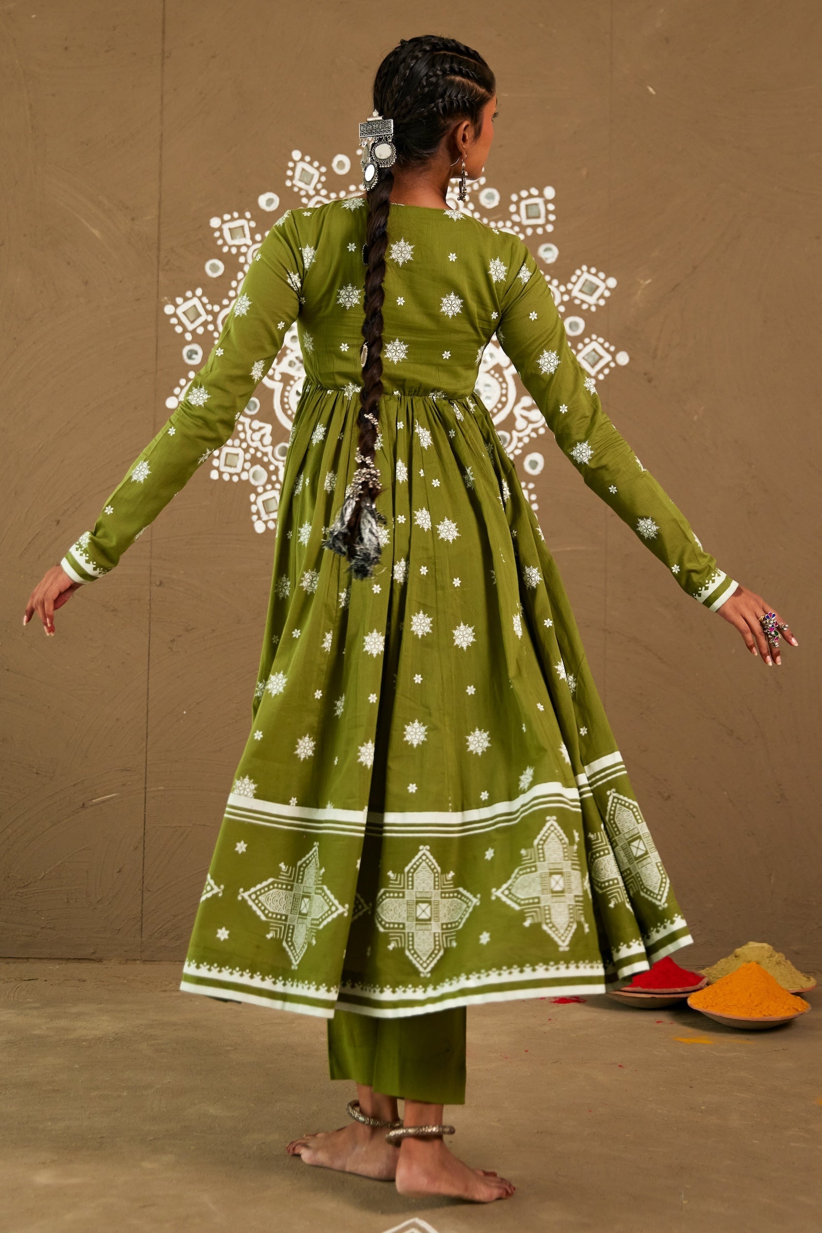 Mehendi Green Mul Cotton Round Neck Anarkali Set