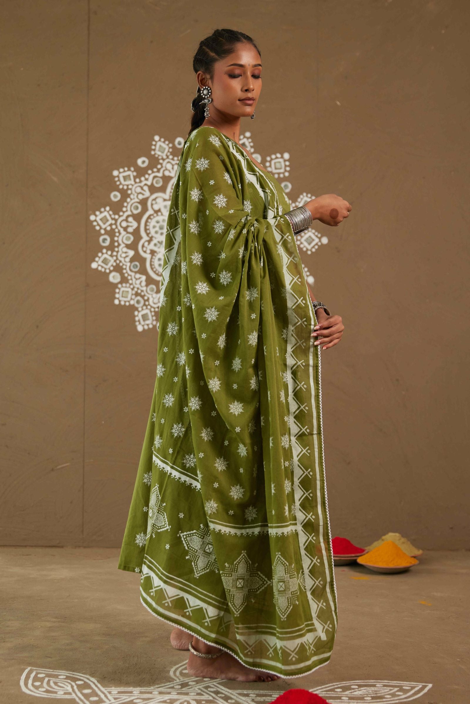 Henna Green Mul Cotton Adjustable Strap Anarkali Set