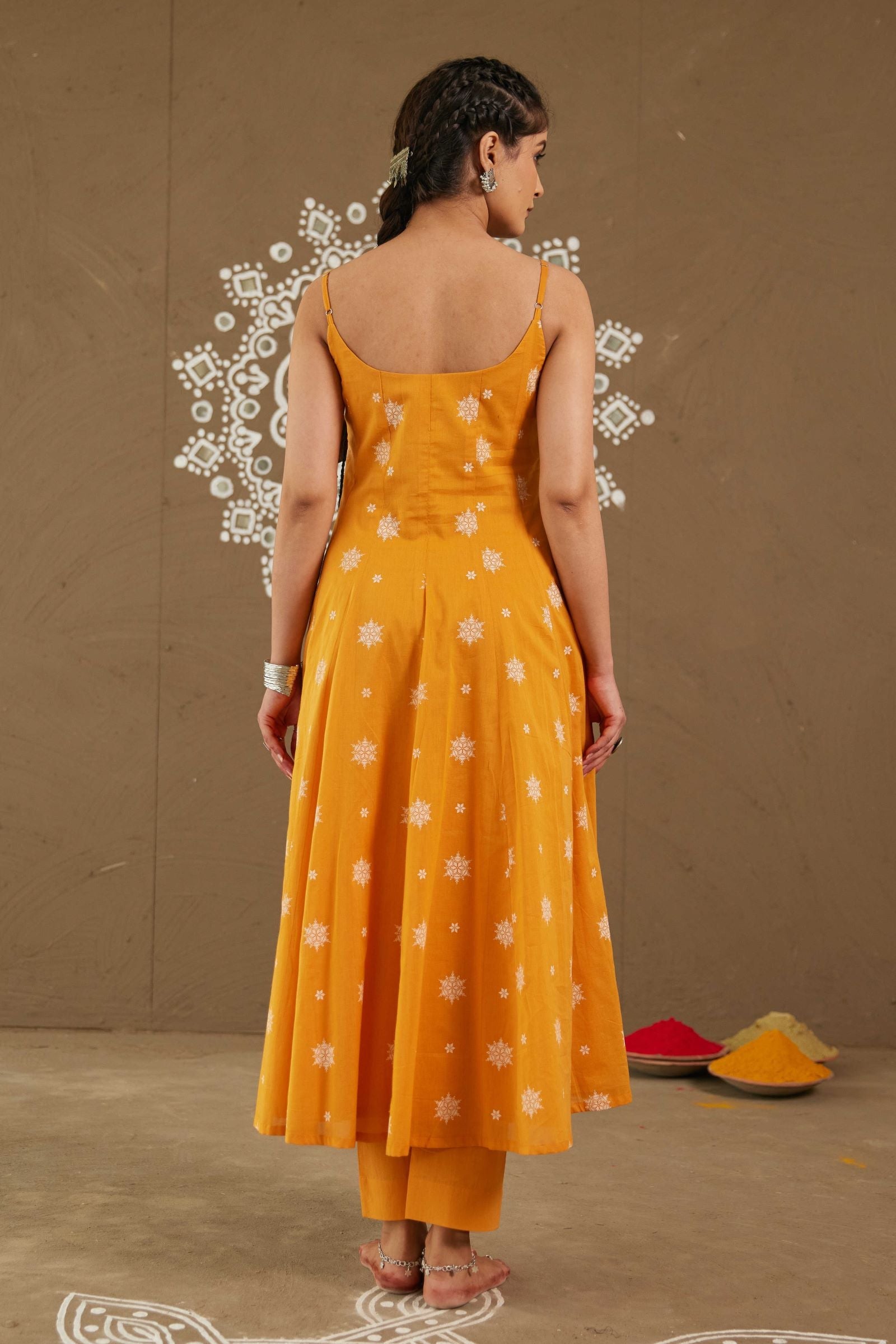 Kesar Orange Mul Cotton Adjustable Strap Anarkali Set