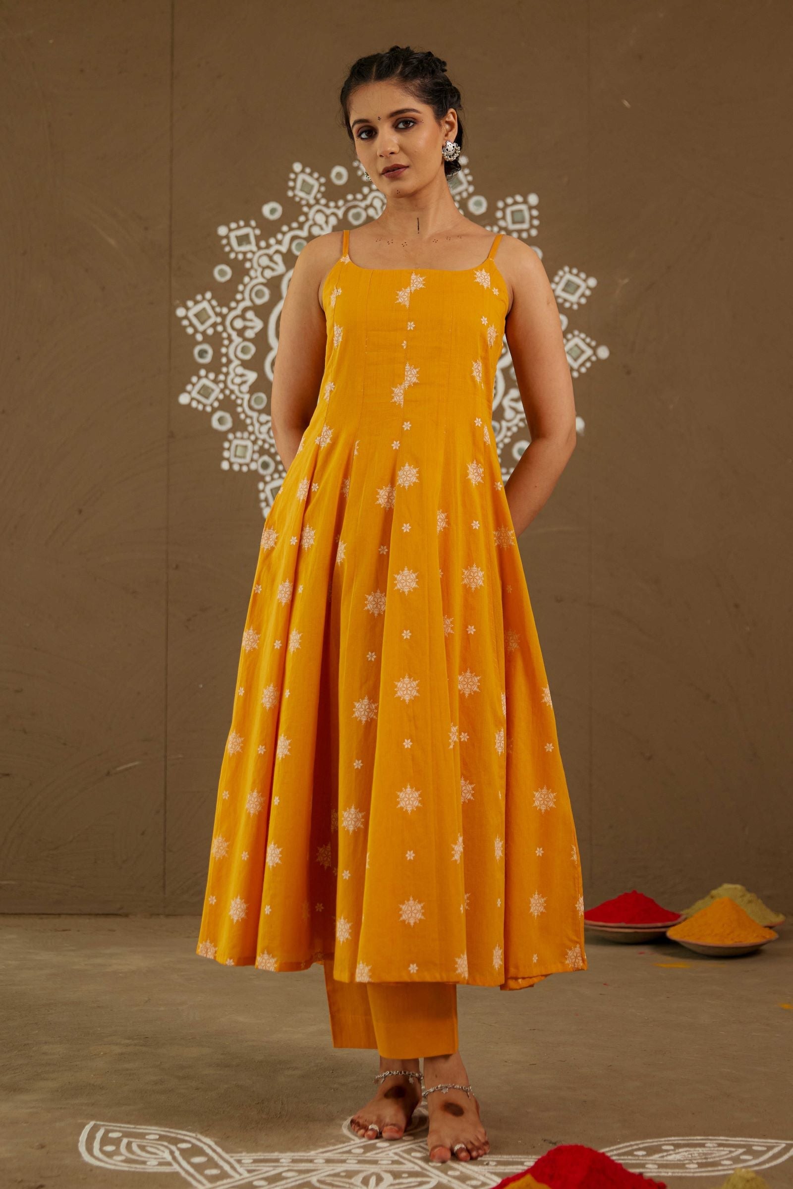 Kesar Orange Mul Cotton Adjustable Strap Anarkali Set