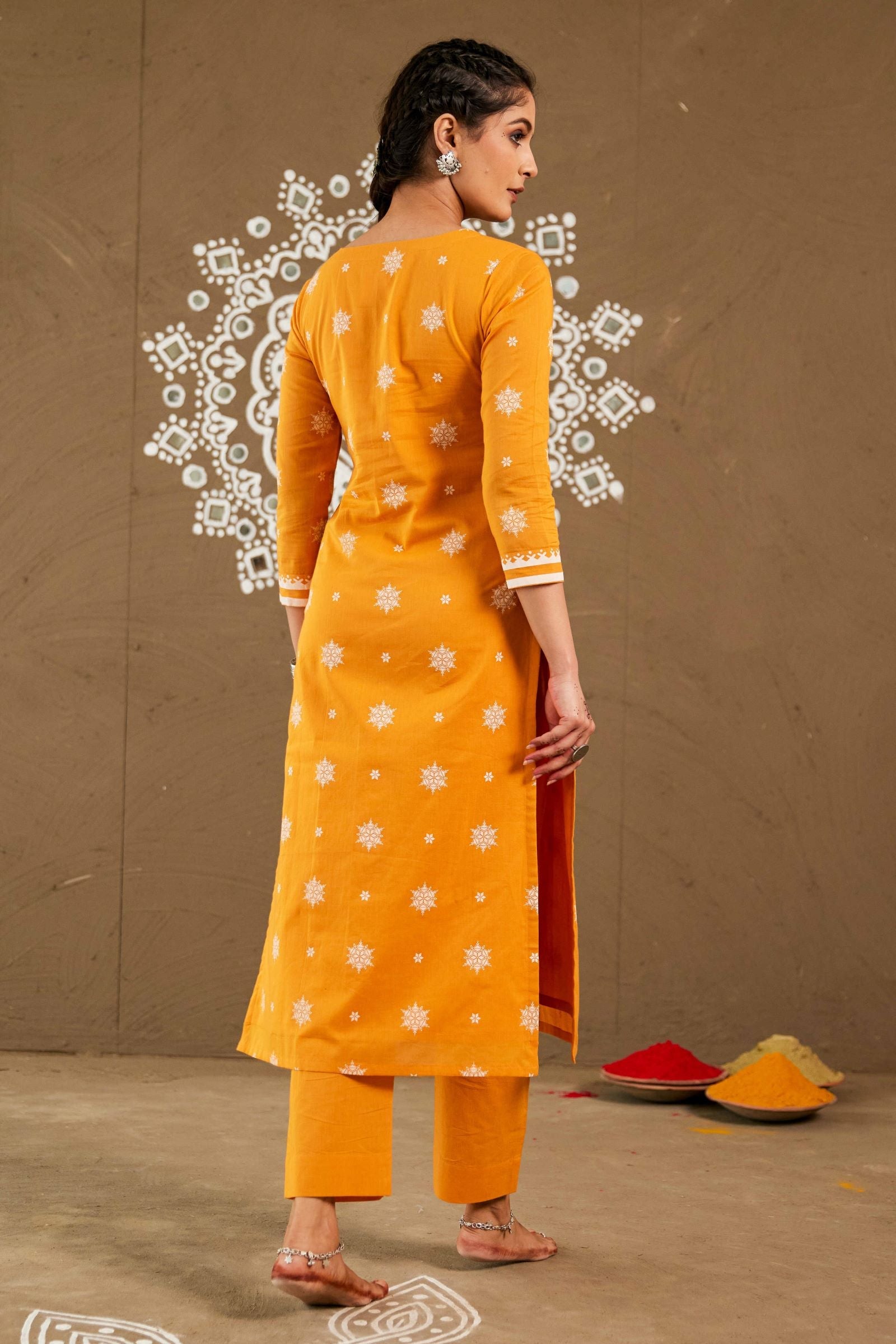 Sindoor Orange Mul Cotton V Neck Straight Kurta Set