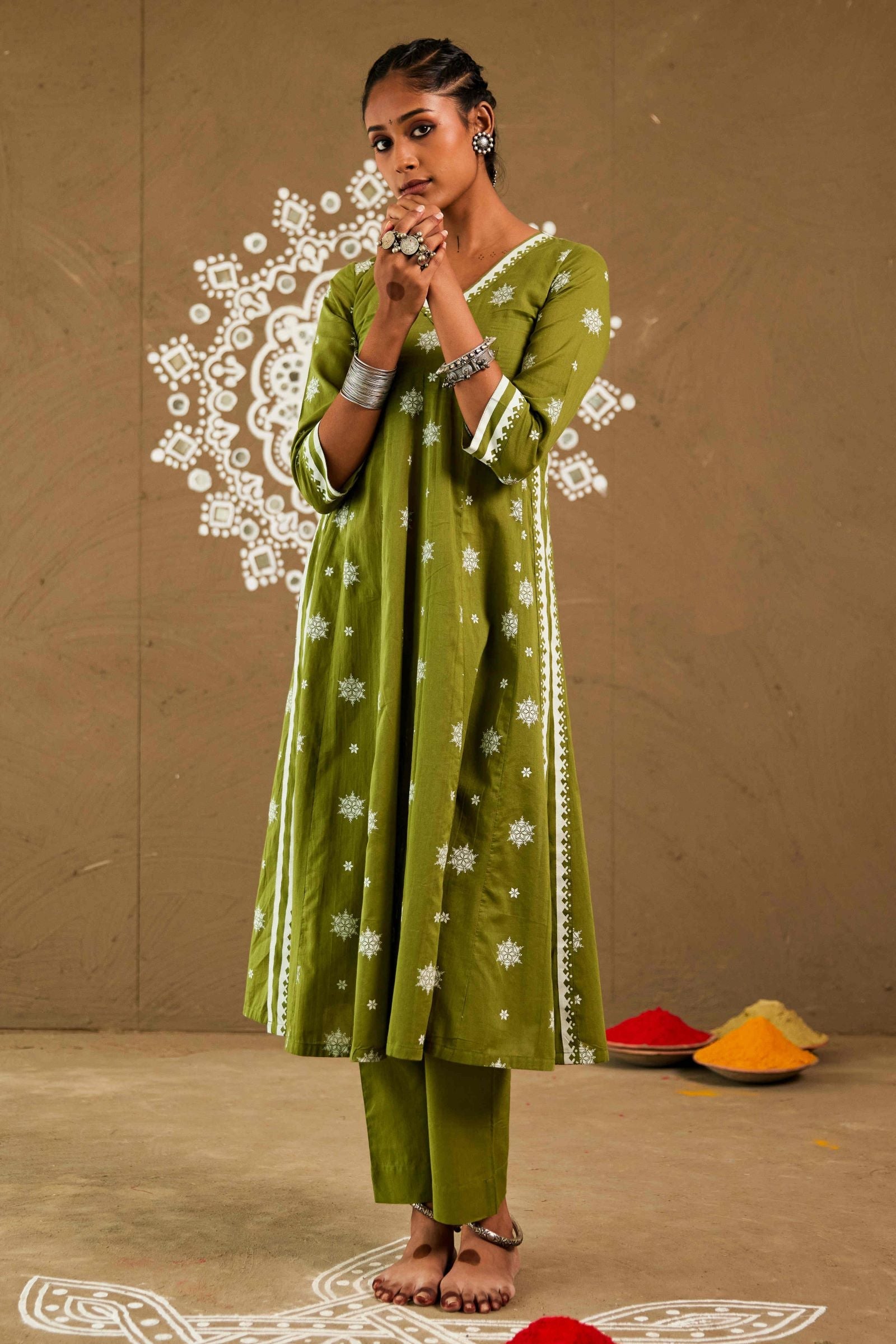 Tulsi Green Mul Cotton Side Slit Anarkali Set