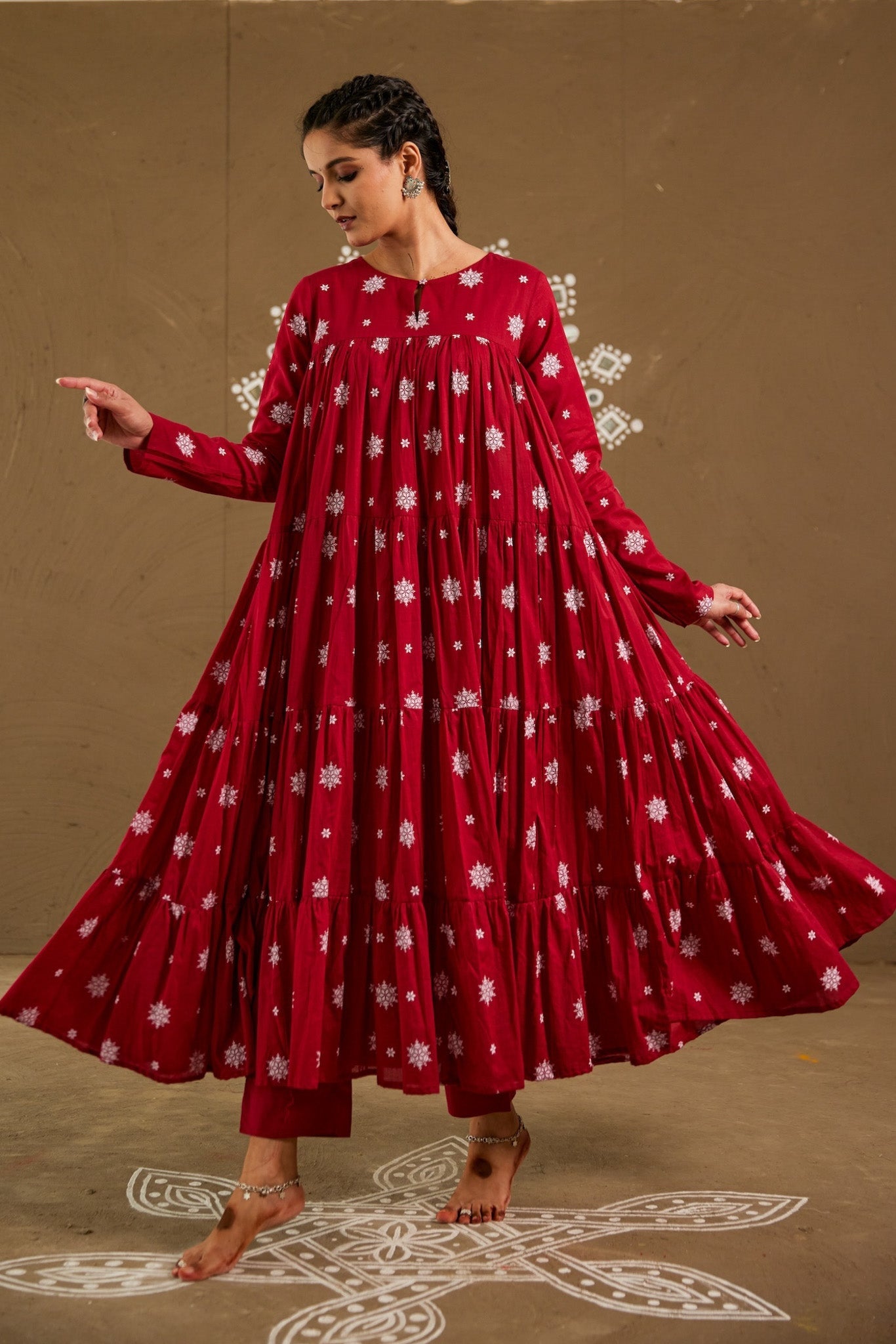 Kumkum Red Mul Cotton Tiered Anarkali Set (RTS)