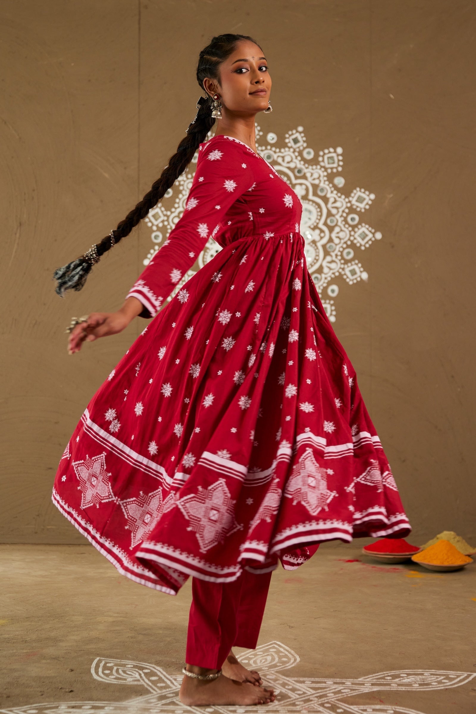 Roli Red Mul Cotton V Neck Anarkali Set