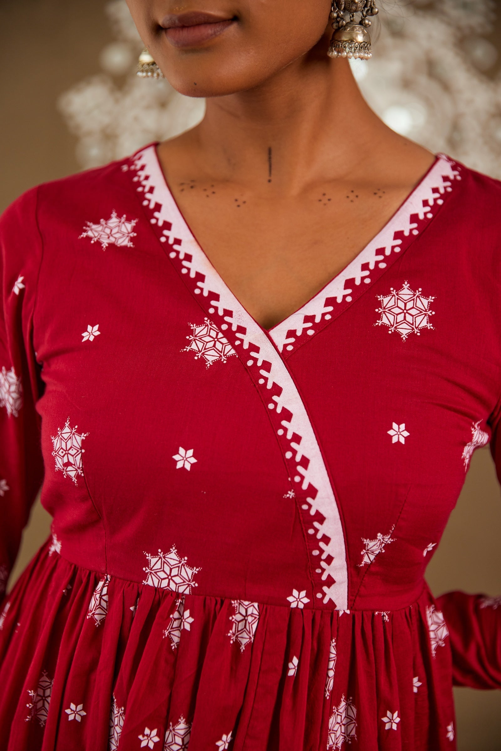 Roli Red Mul Cotton V Neck Anarkali Set