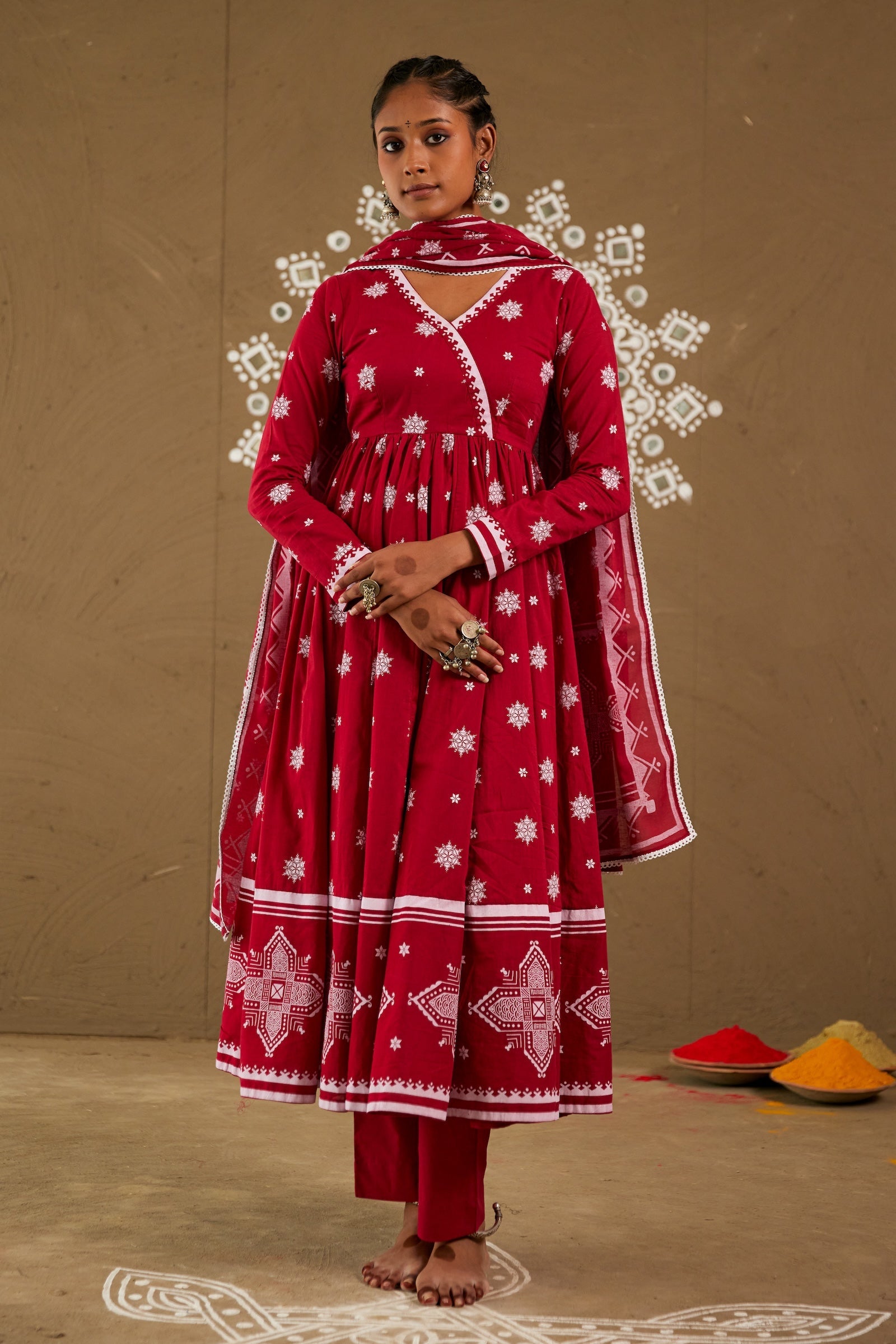 Roli Red Mul Cotton V Neck Anarkali Set