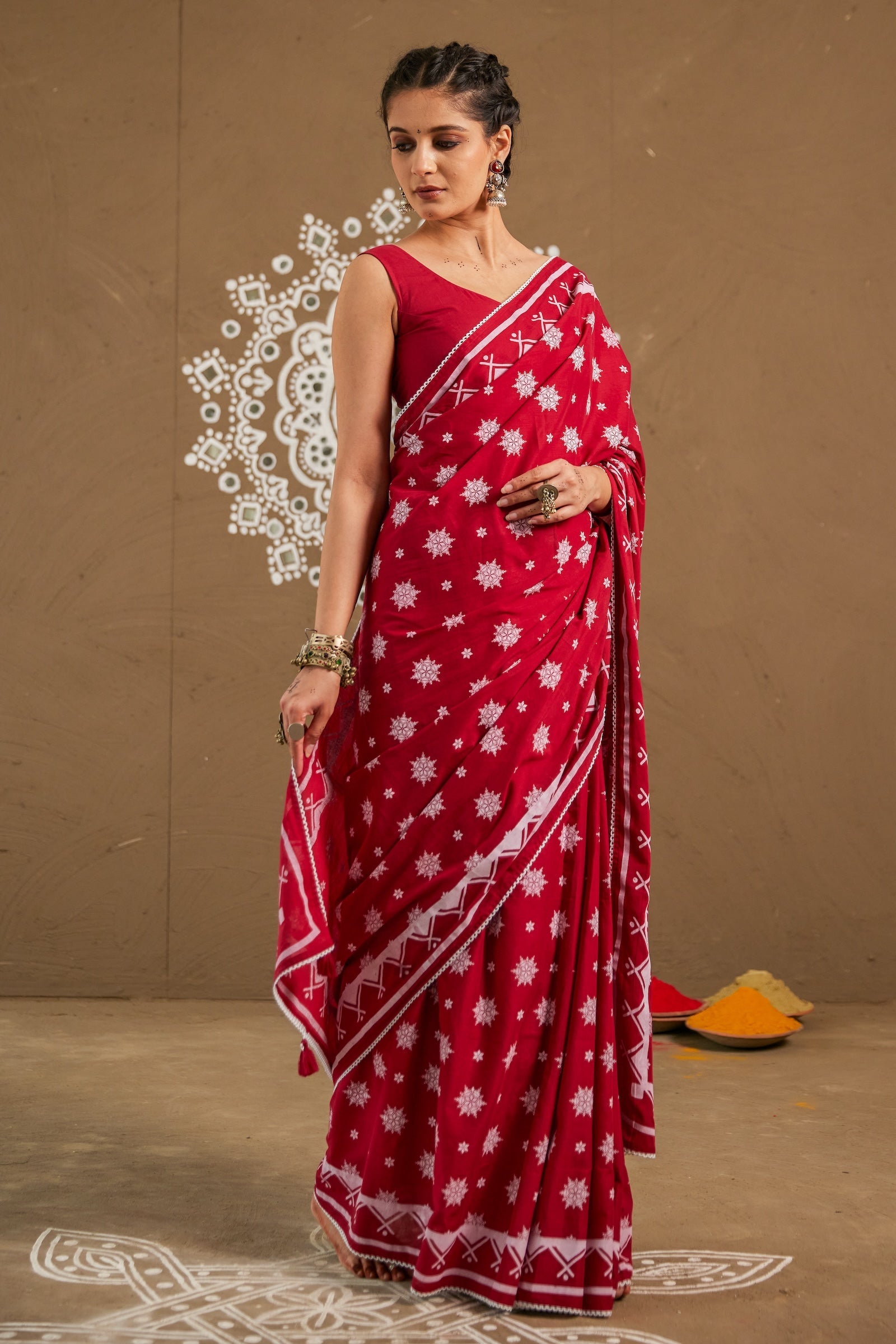Pooja Red Cotton Printed Saree (RTS)