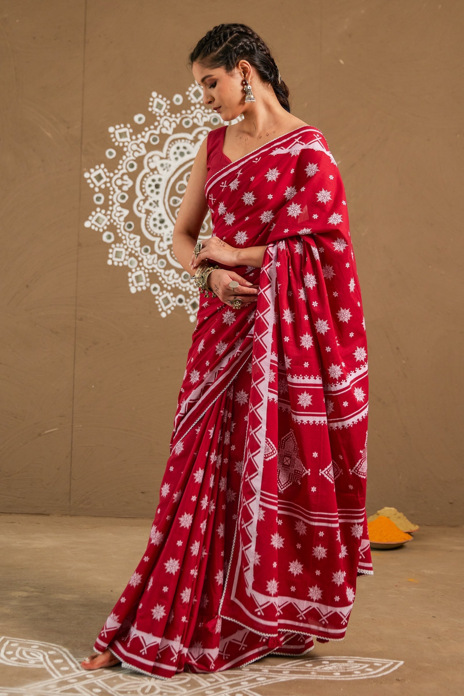 Pooja Red Cotton Printed Saree (RTS)