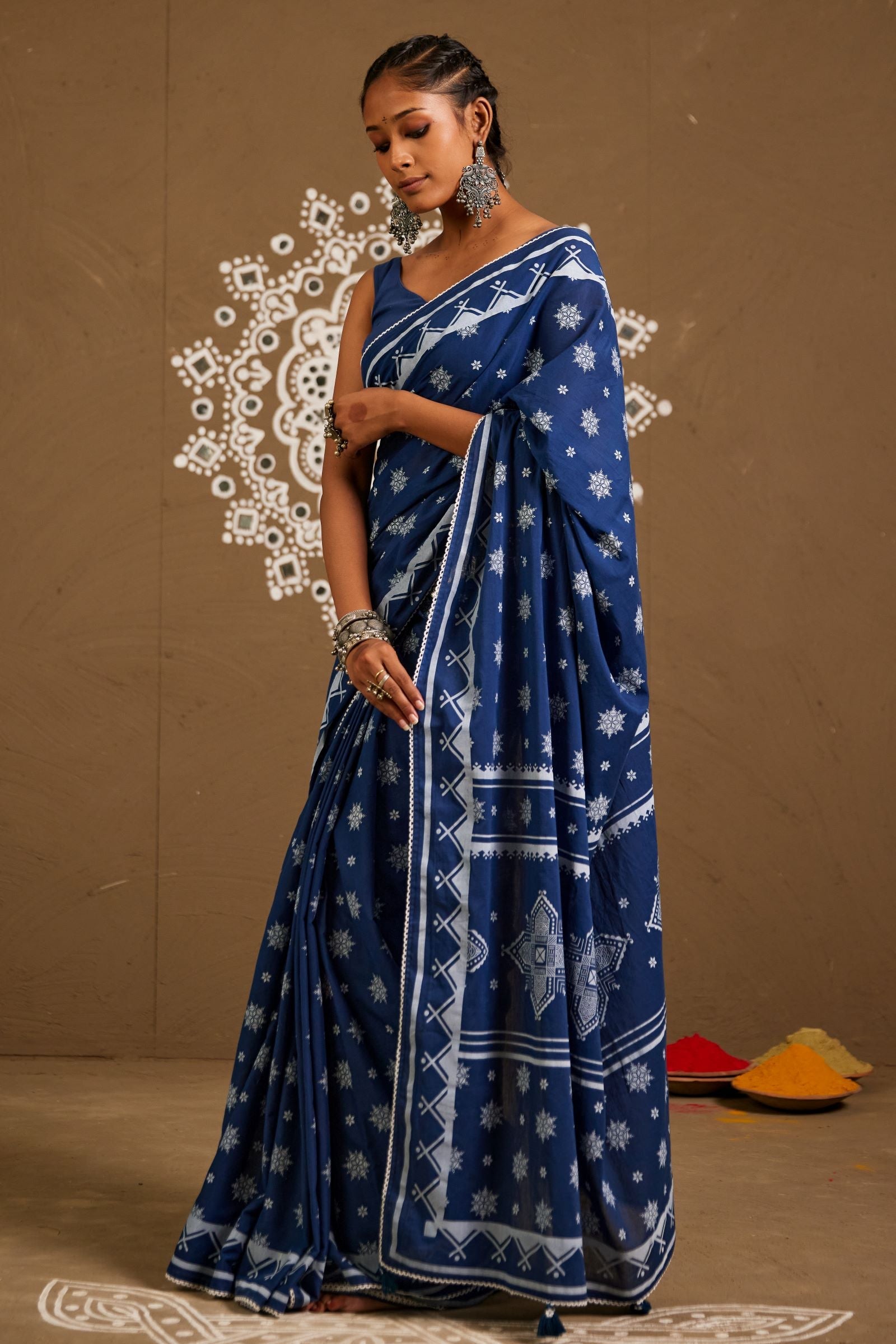 Saundh Blue Cotton Printed Saree (RTS)