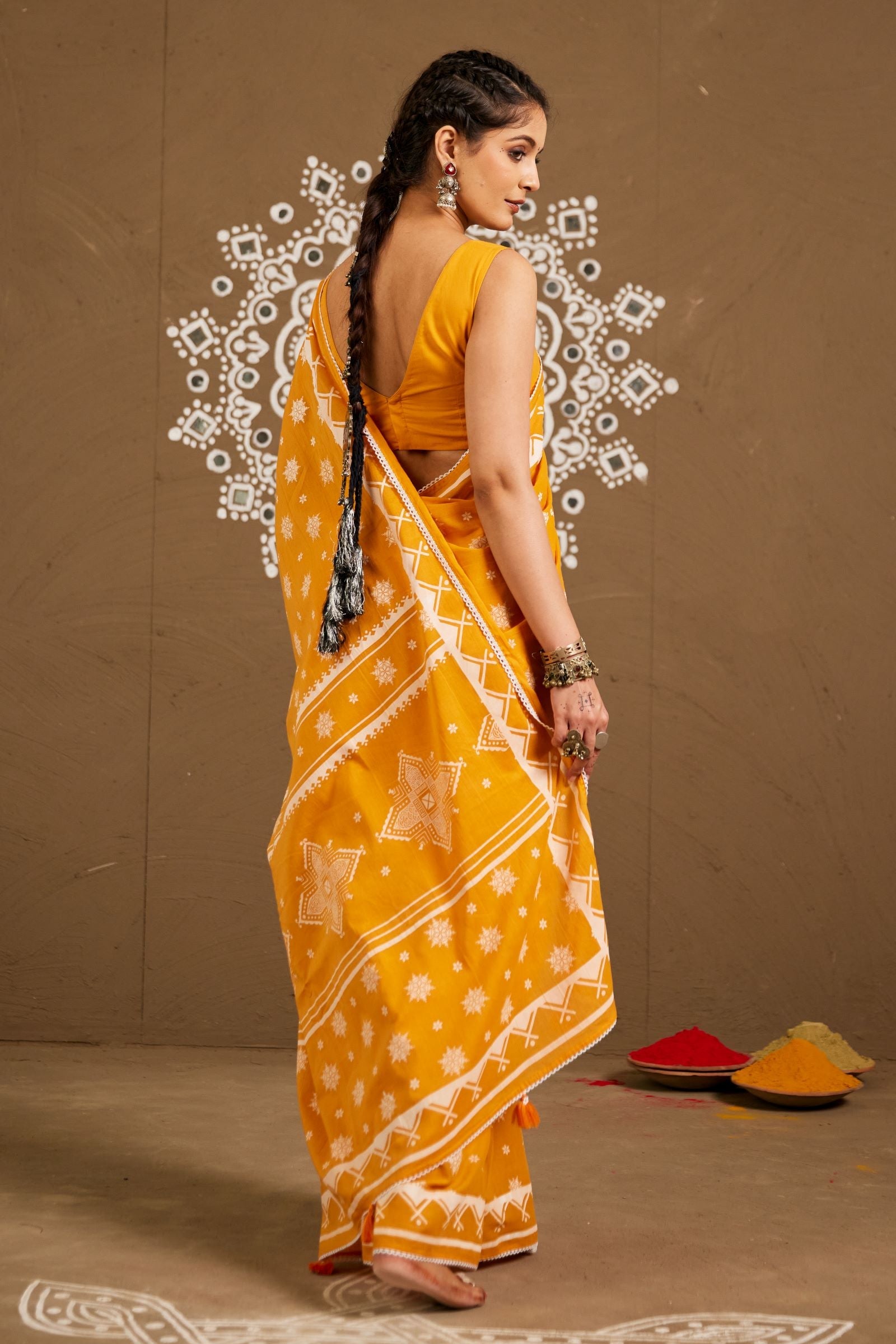 Diya Orange Cotton Printed Saree (RTS)