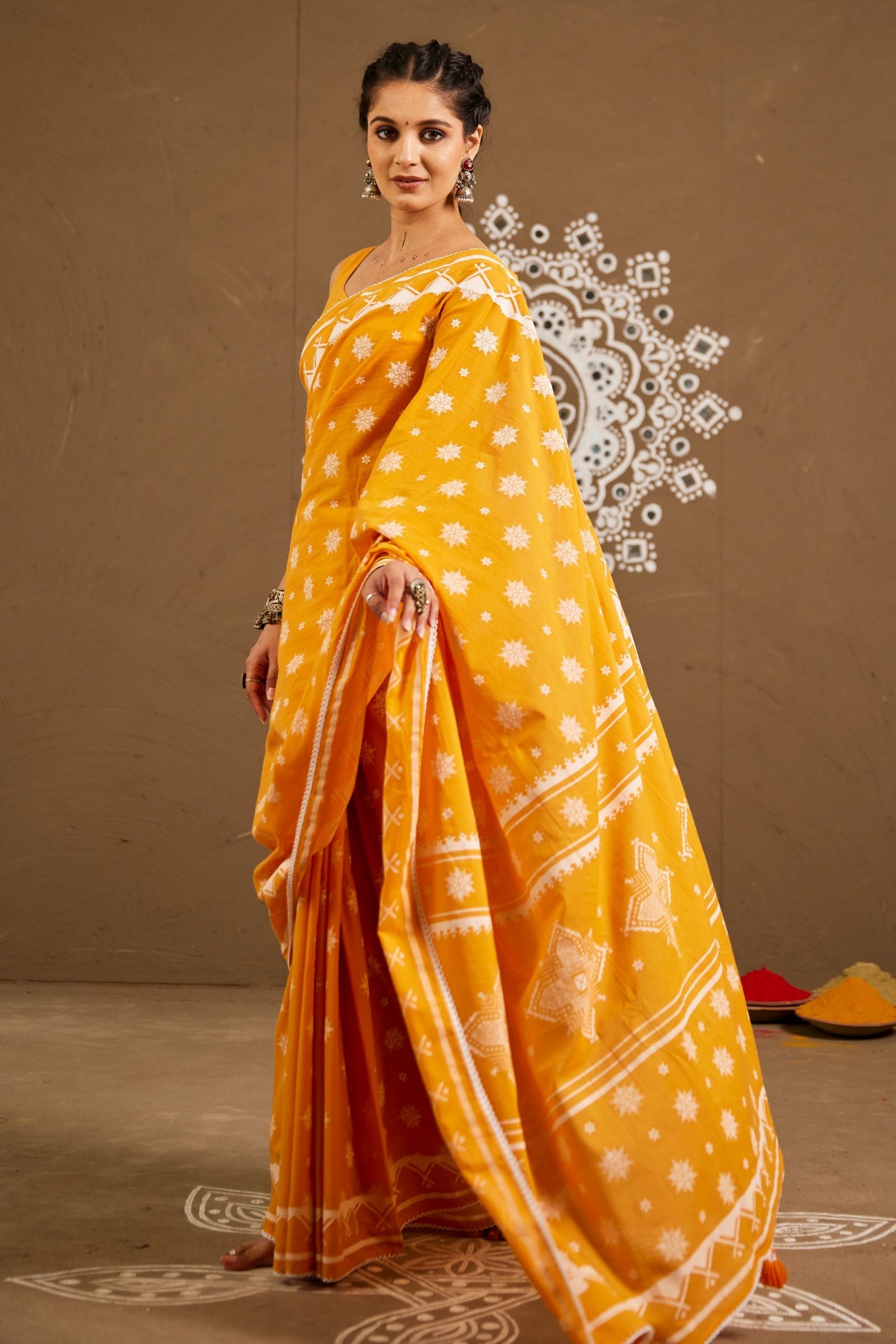 Diya Orange Cotton Printed Saree (RTS)