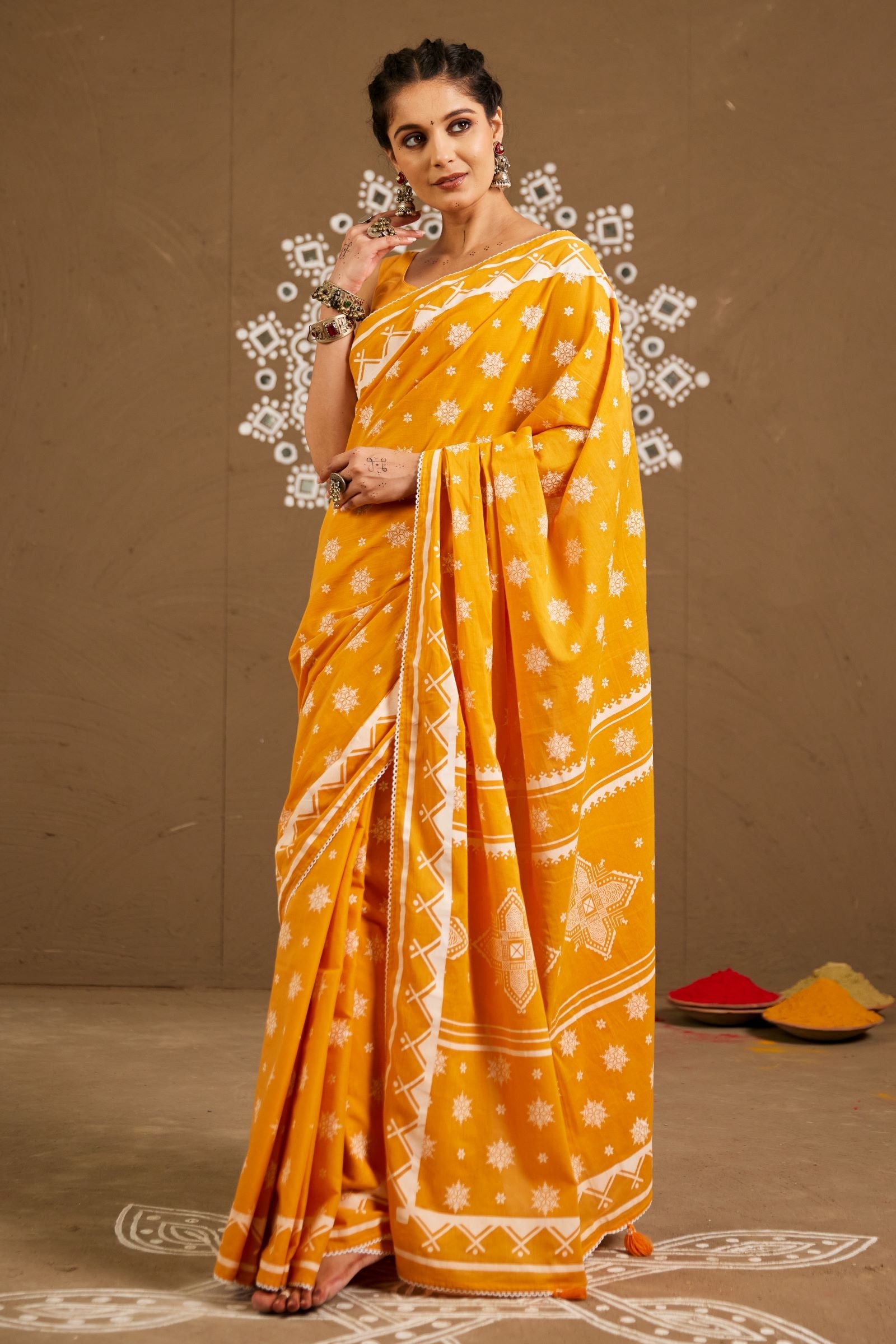 Diya Orange Cotton Printed Saree (RTS)
