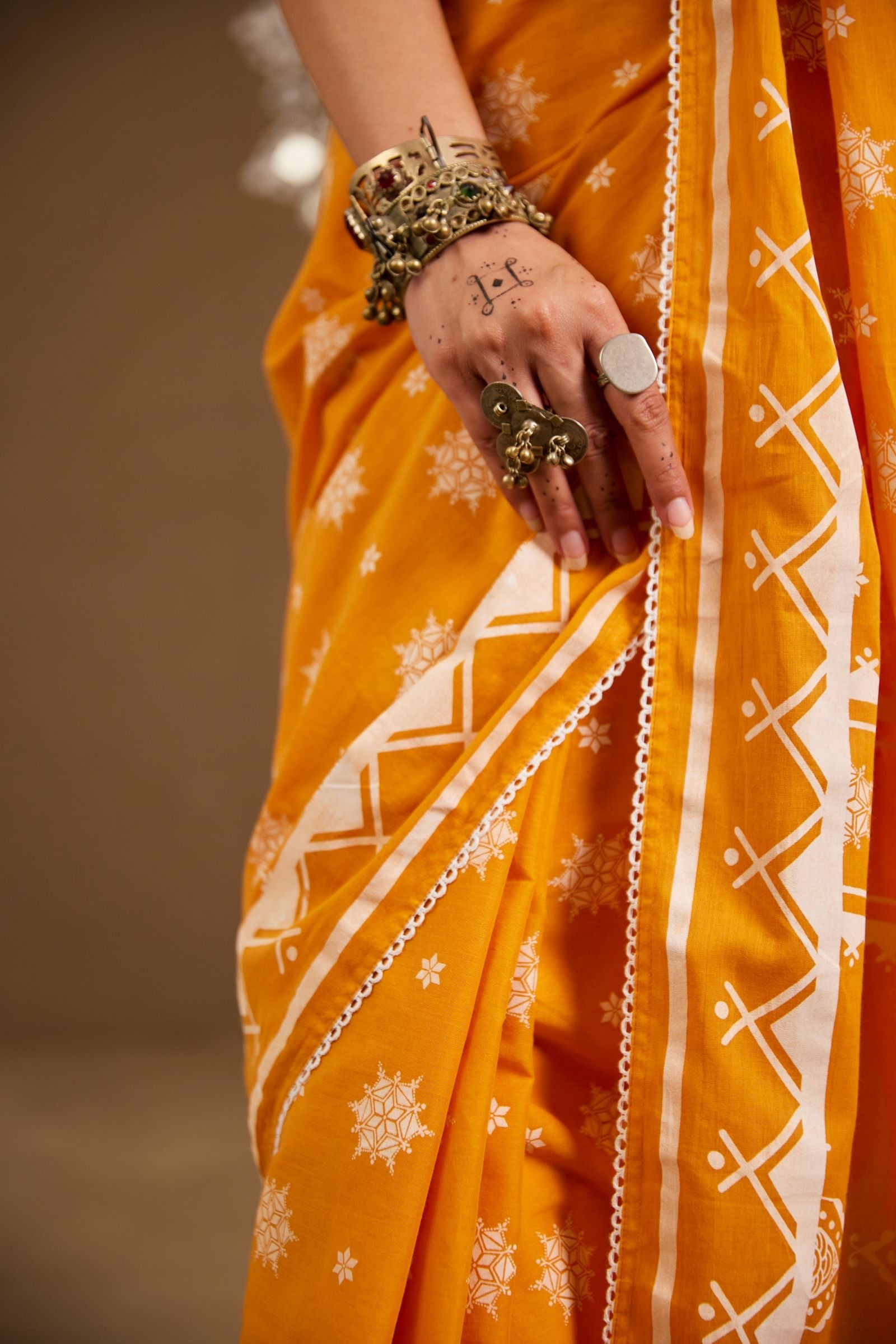Diya Orange Cotton Printed Saree (RTS)