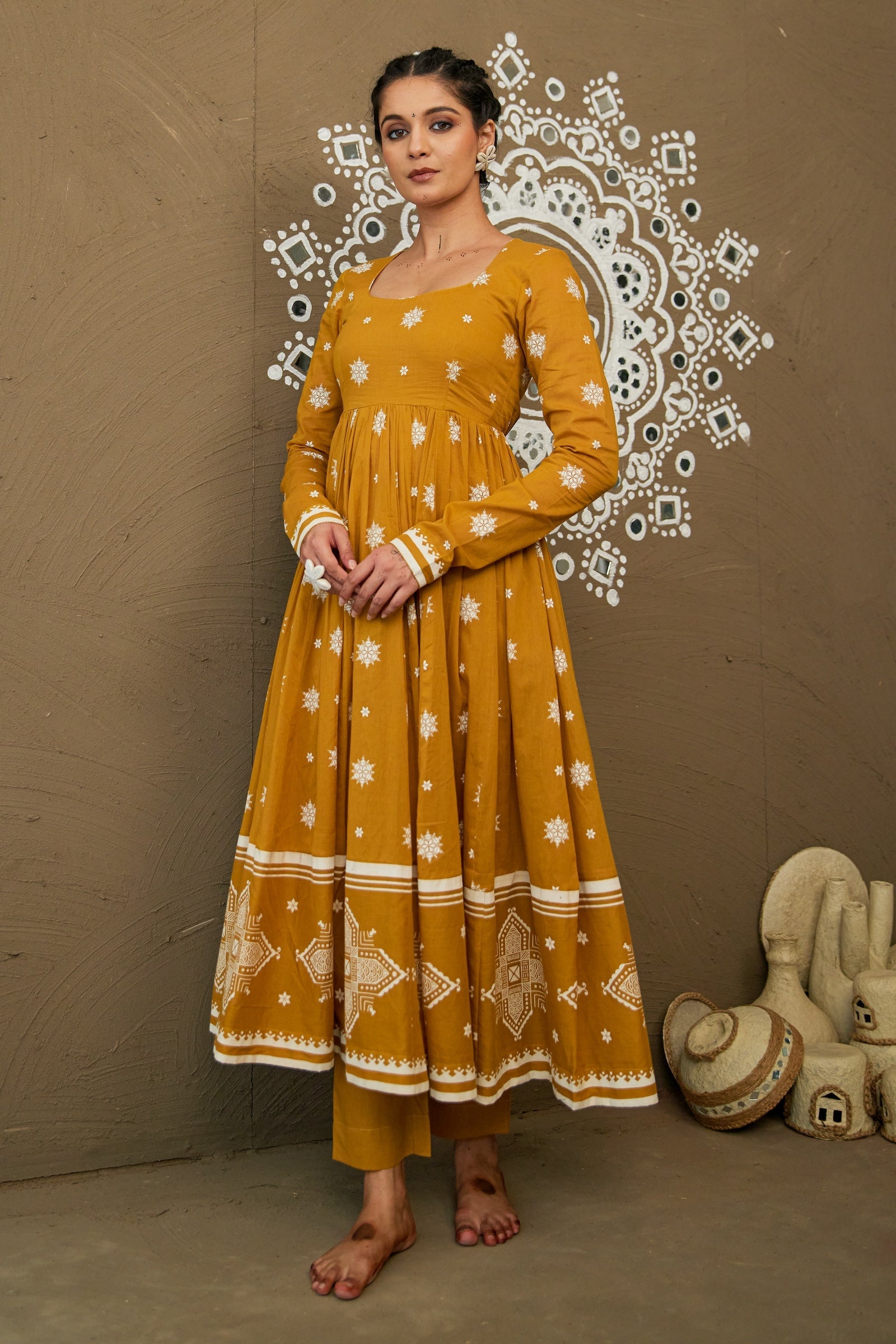 Amba Ochre Mul Cotton Round Neck Anarkali Set
