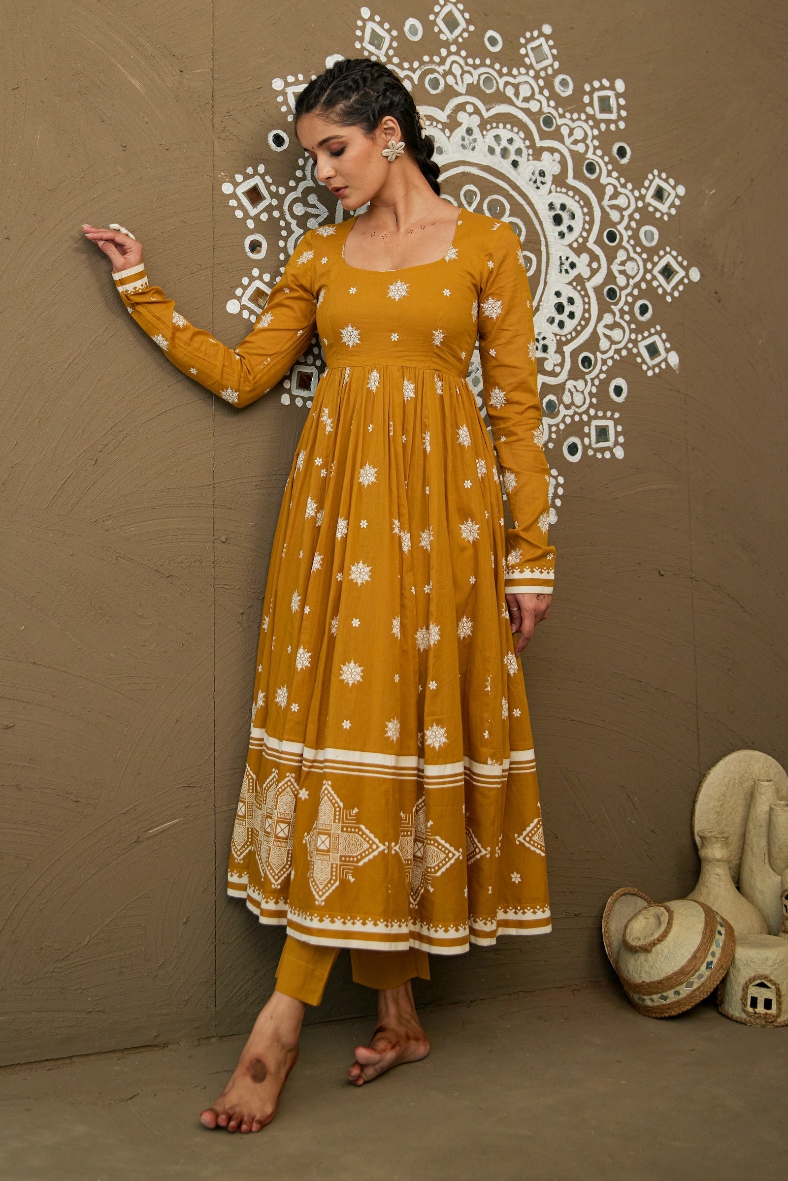Amba Ochre Mul Cotton Round Neck Anarkali Set