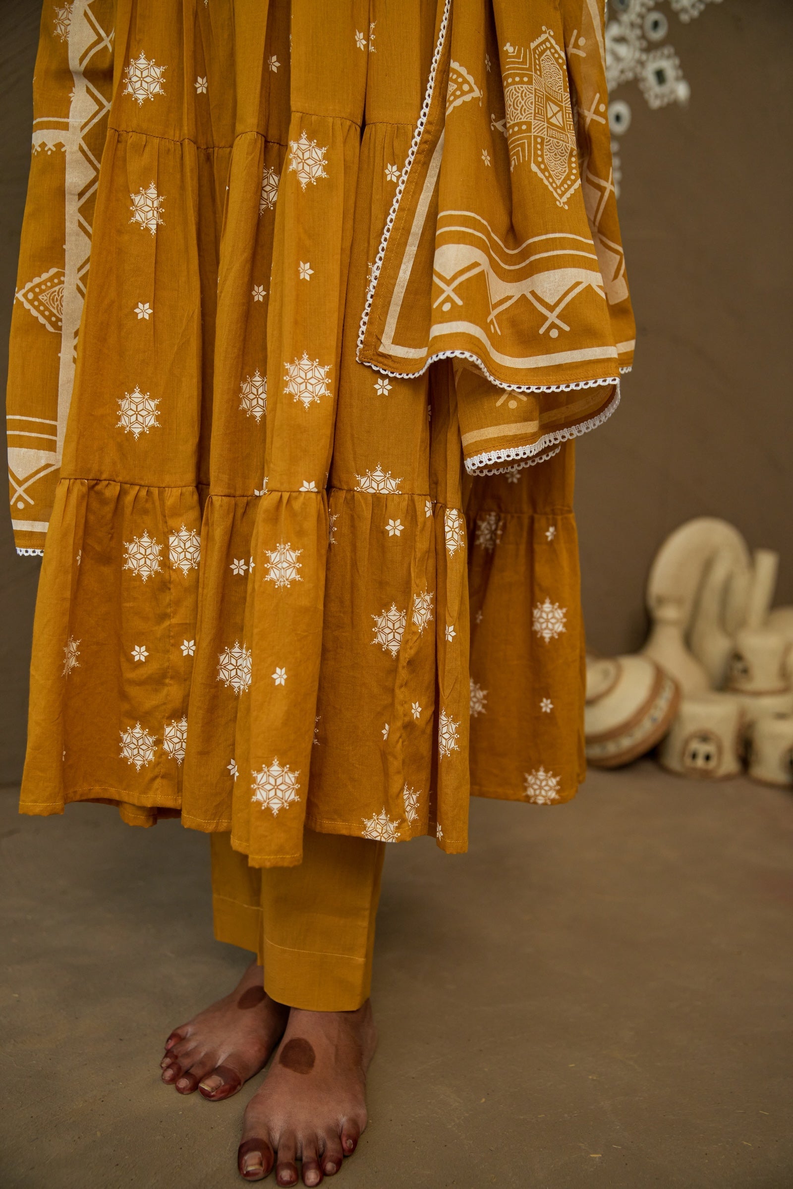 Chandan Ochre Mul Cotton Teired Anarkali Set