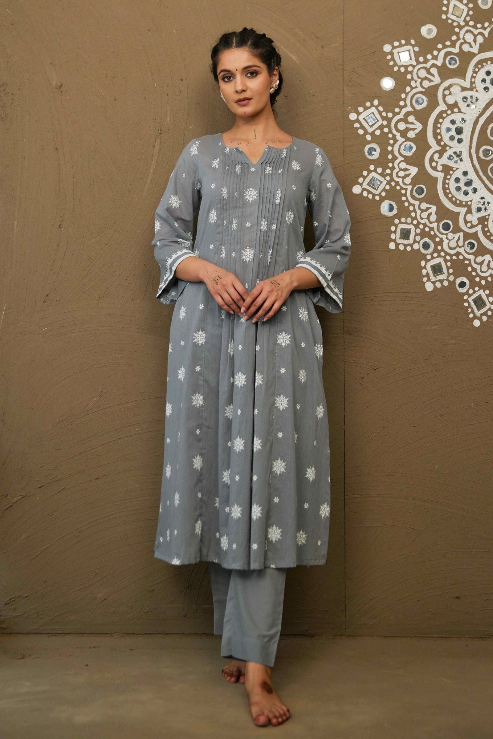 Moli Grey Mul Cotton Pin Tucks Kurta Set