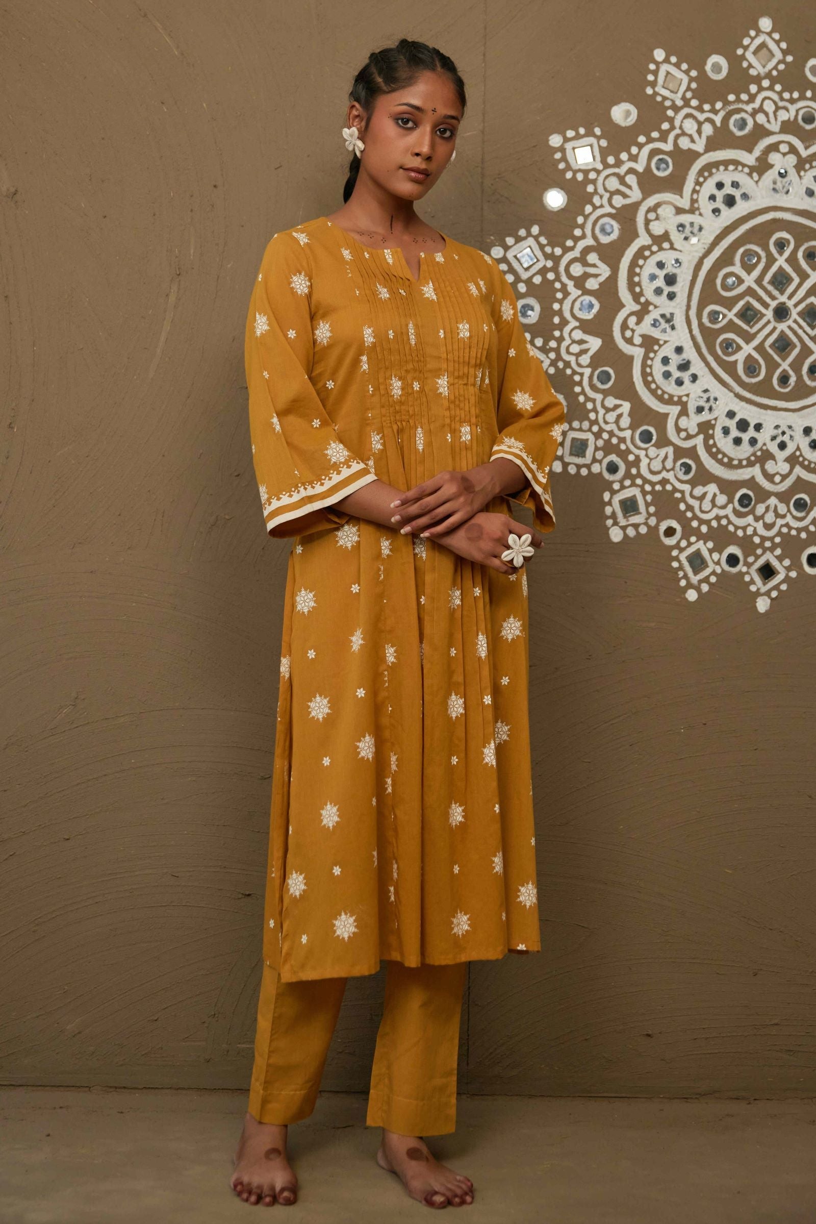 Champa Ochre Mul Cotton Pin Tucks Kurta Set