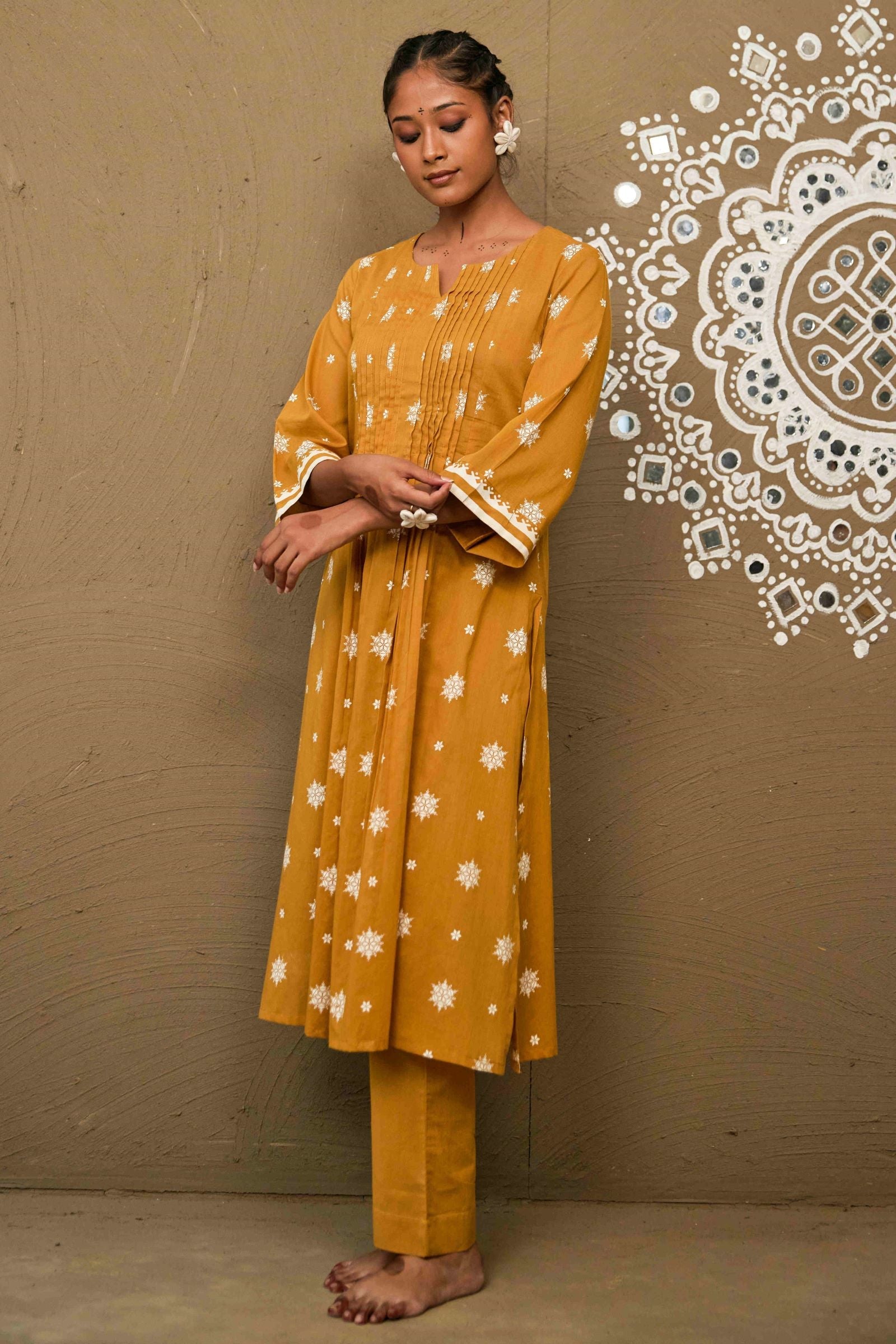 Champa Ochre Mul Cotton Pin Tucks Kurta Set
