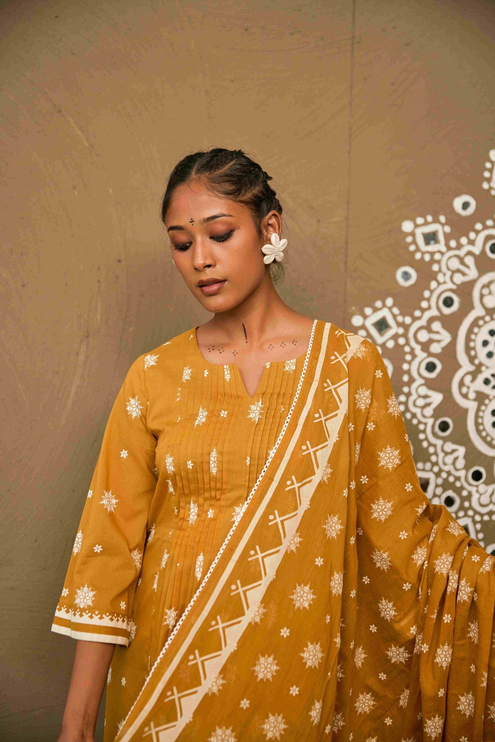 Champa Ochre Mul Cotton Pin Tucks Kurta Set