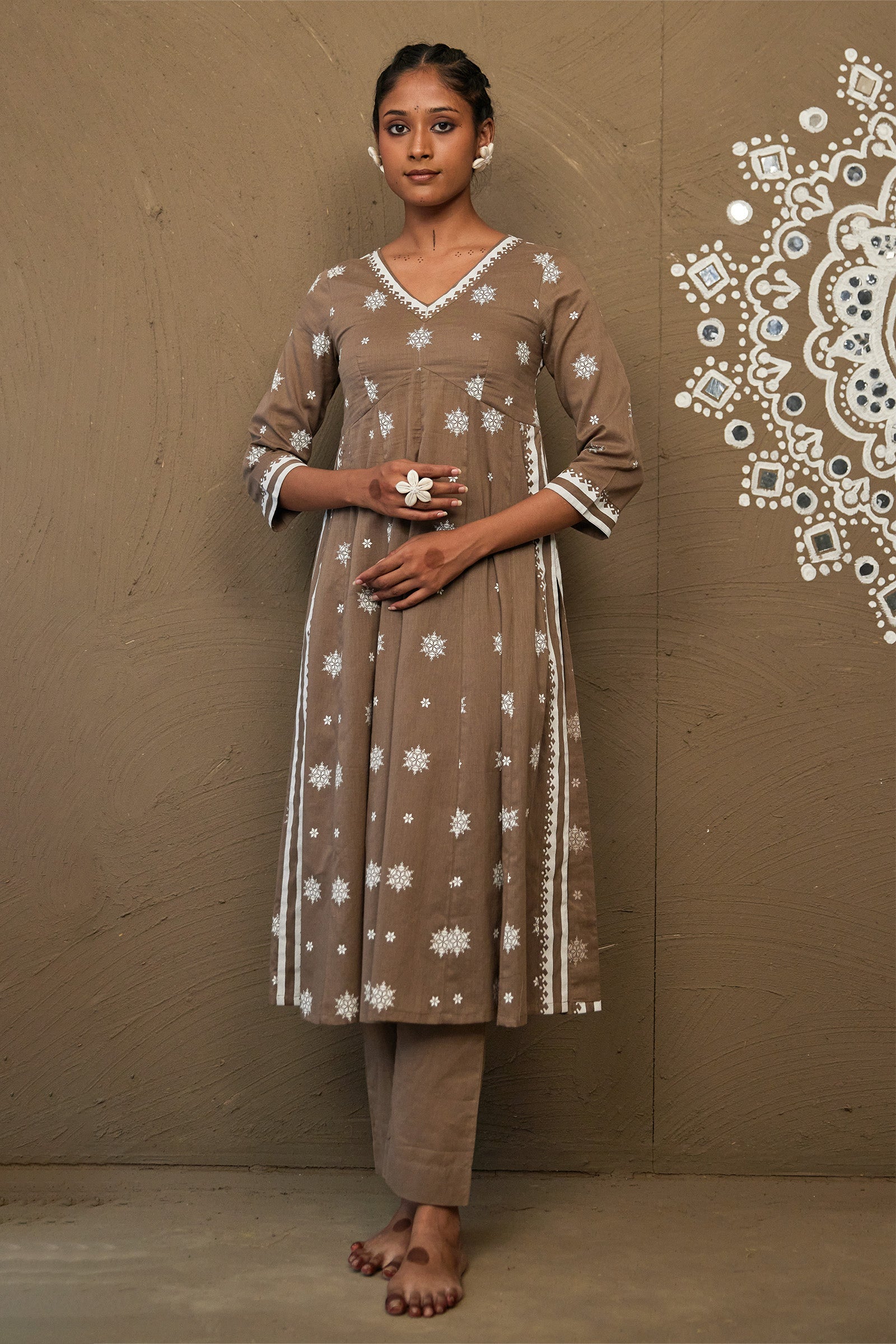 Maati Brown Mul Cotton Side Slit Anarkali Set