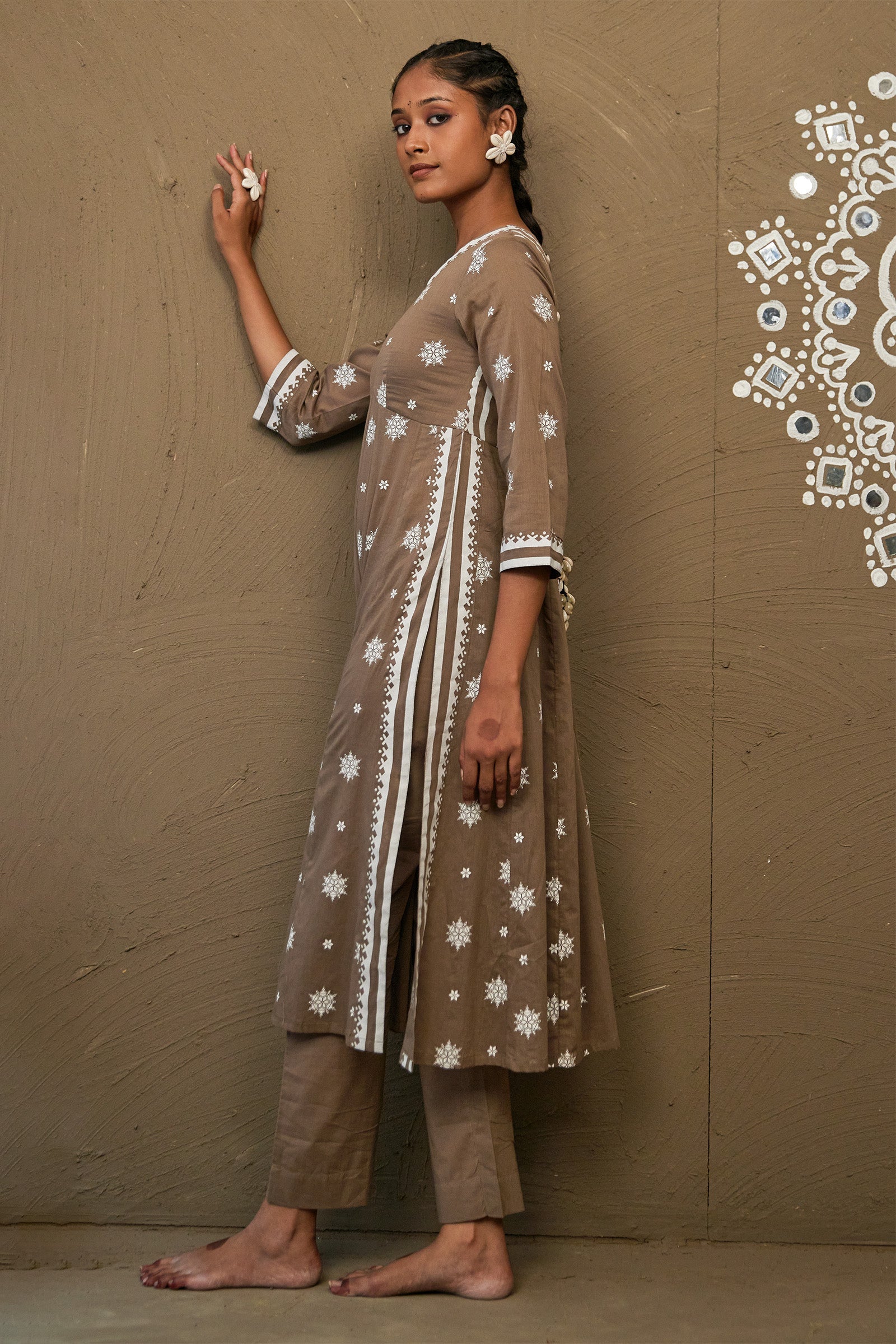 Maati Brown Mul Cotton Side Slit Anarkali Set