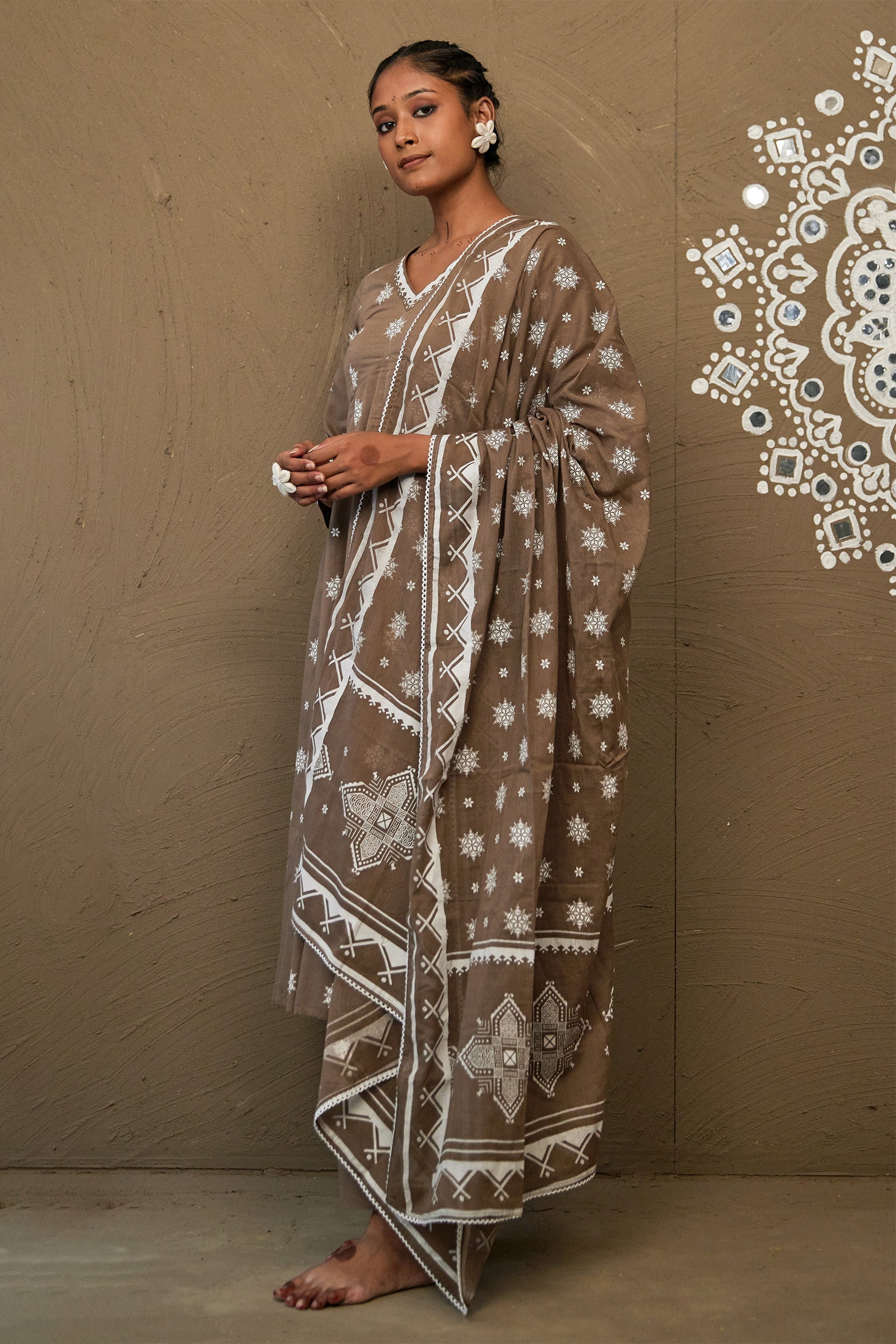 Maati Brown Mul Cotton Side Slit Anarkali Set