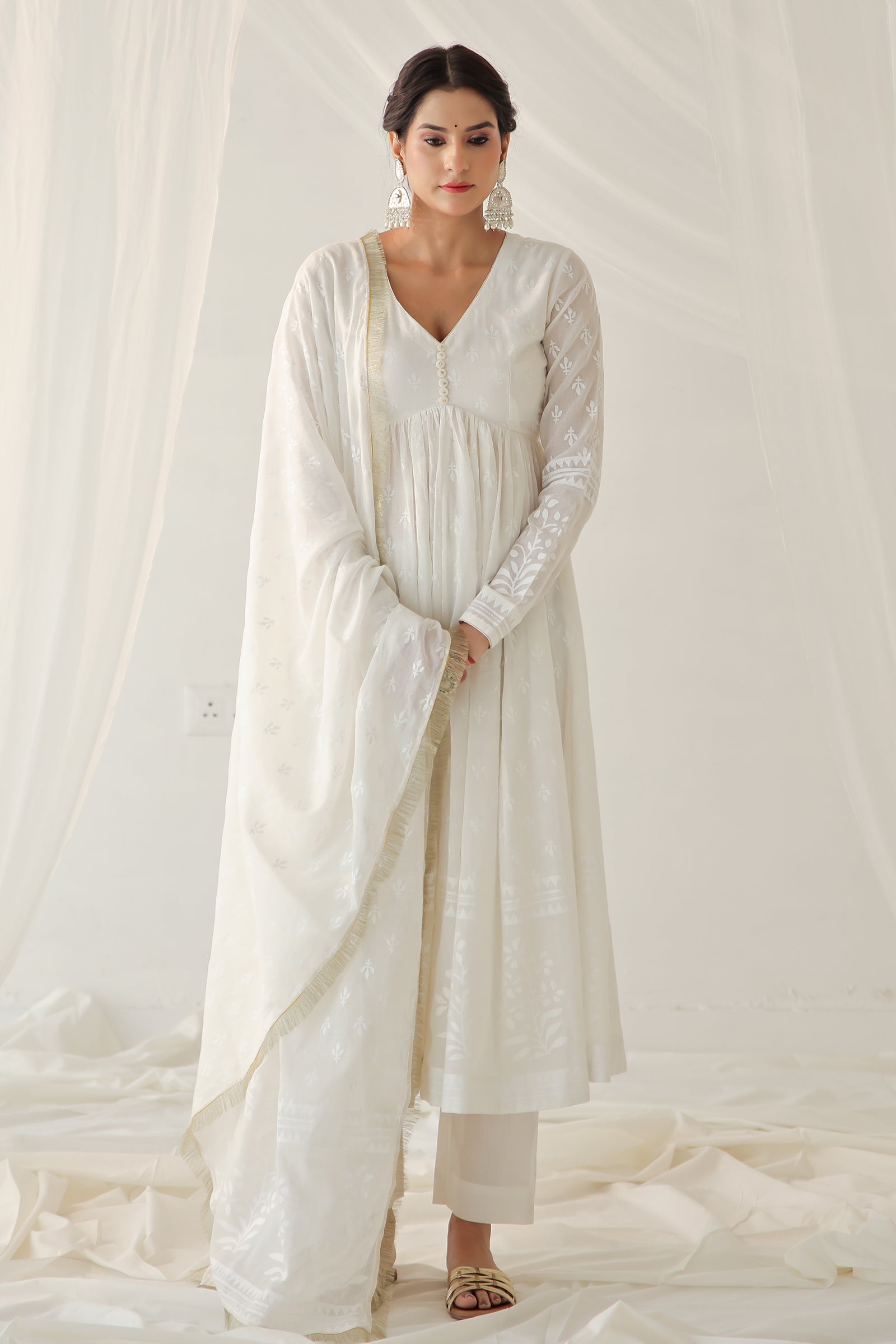 Khwabeeda All White Full Sleeves Anarkali Set (RTS)