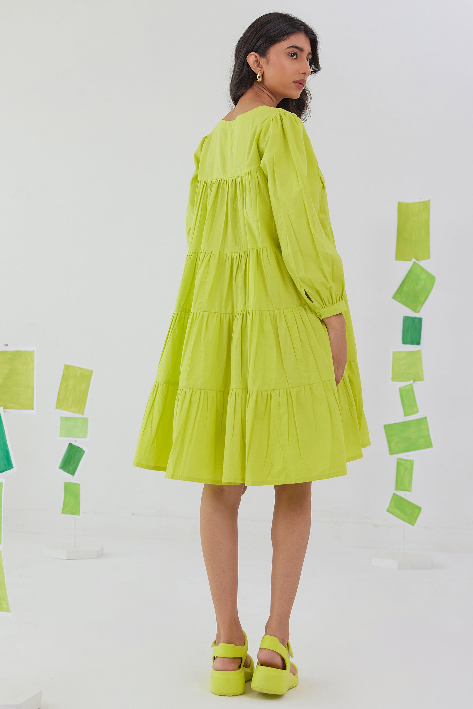 VIVID LIME NEON POPLIN TIERED KNEE LENGTH DRESS