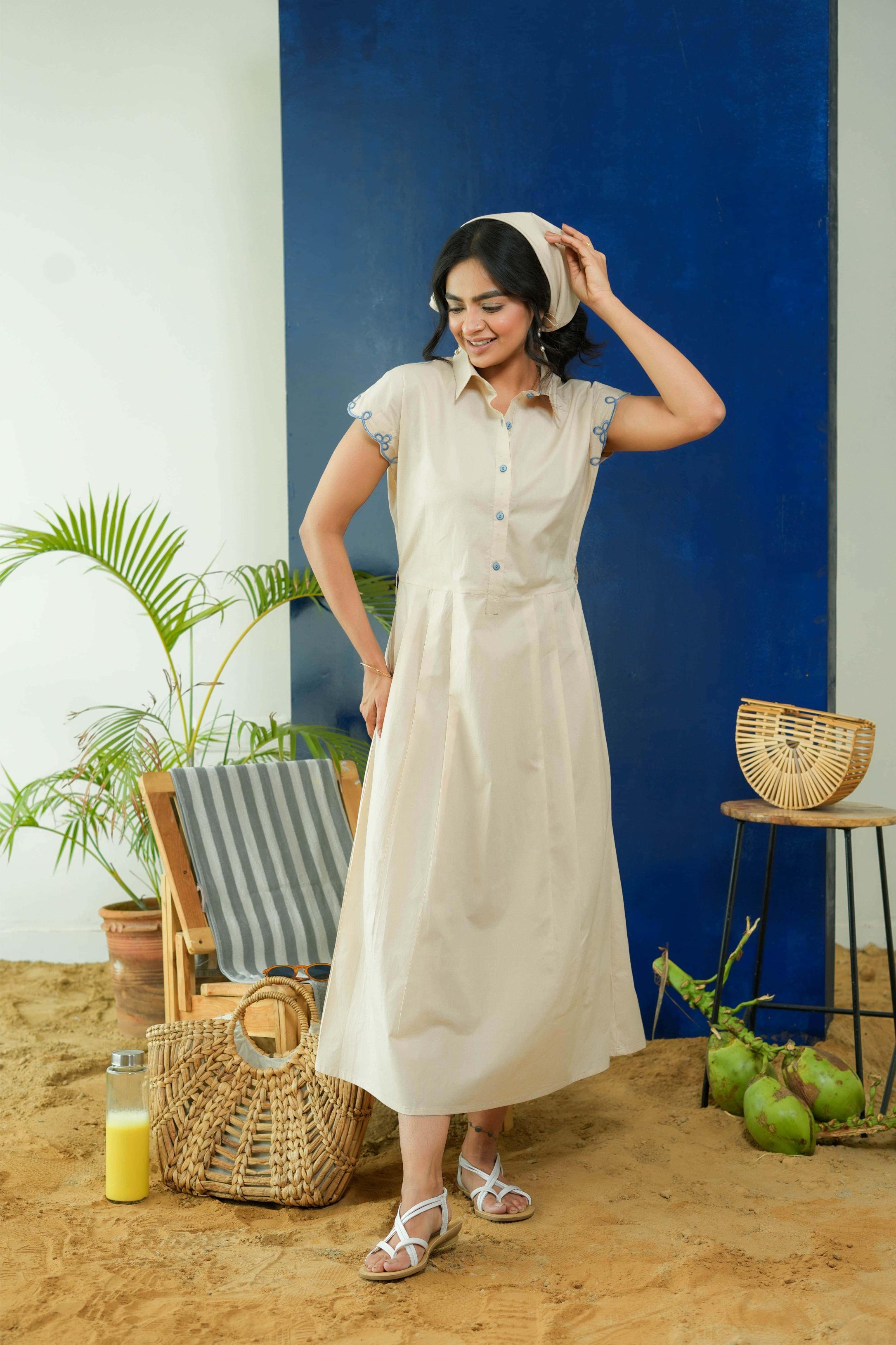 BEIGE POPLIN SHIRT DRESS WITH EMBROIDERED BELT