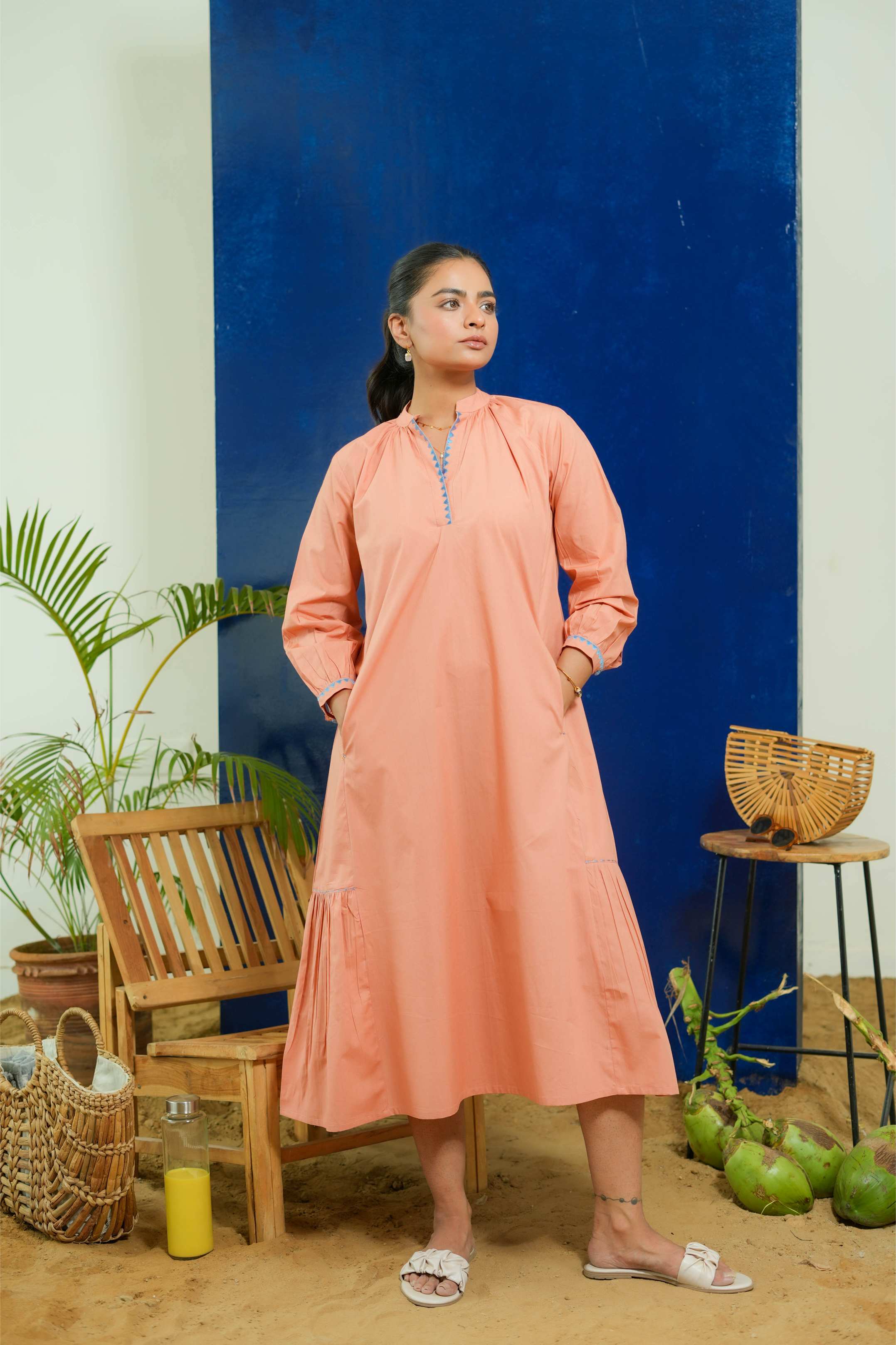 SALMON CALF LENGTH DRESS