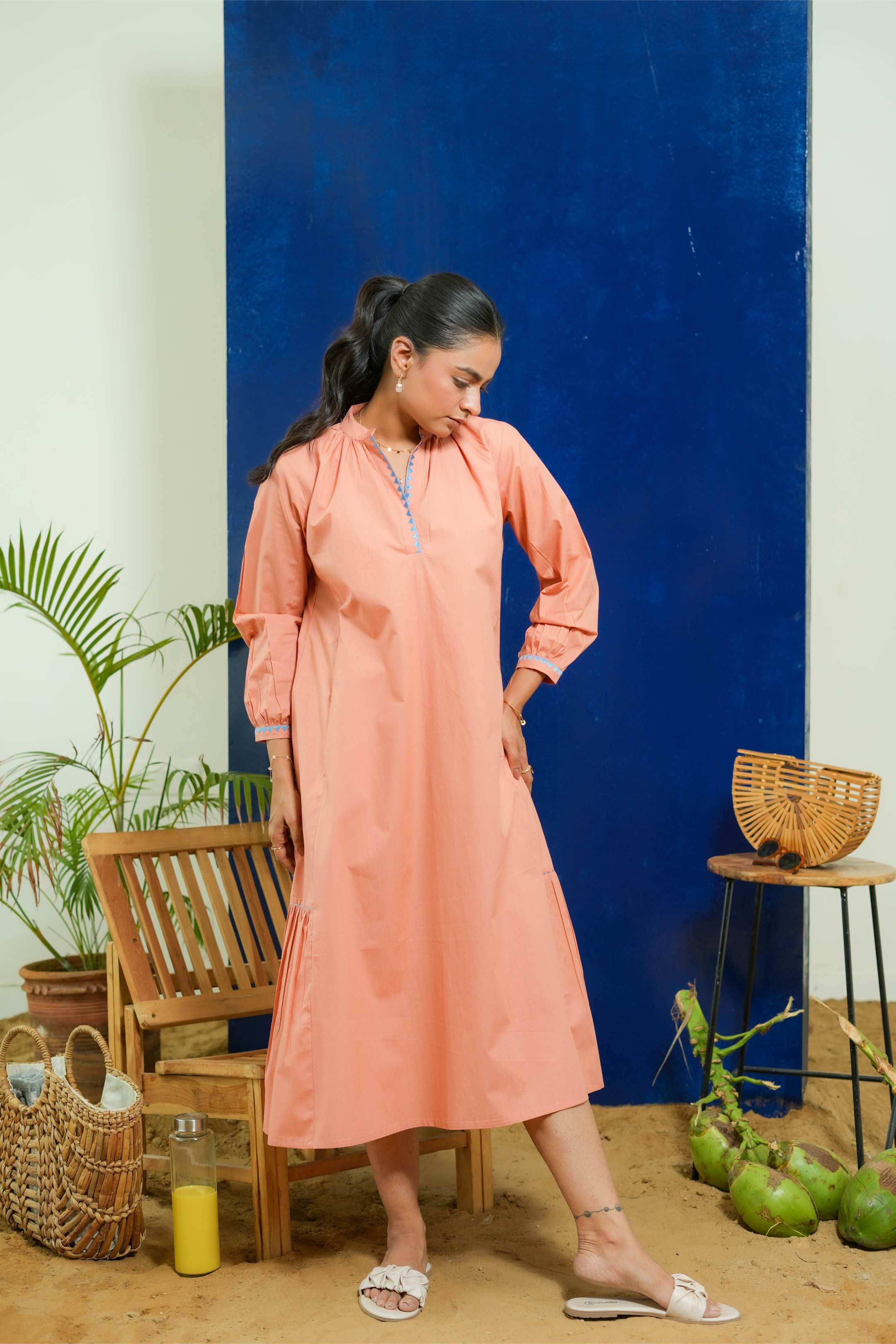 SALMON CALF LENGTH DRESS
