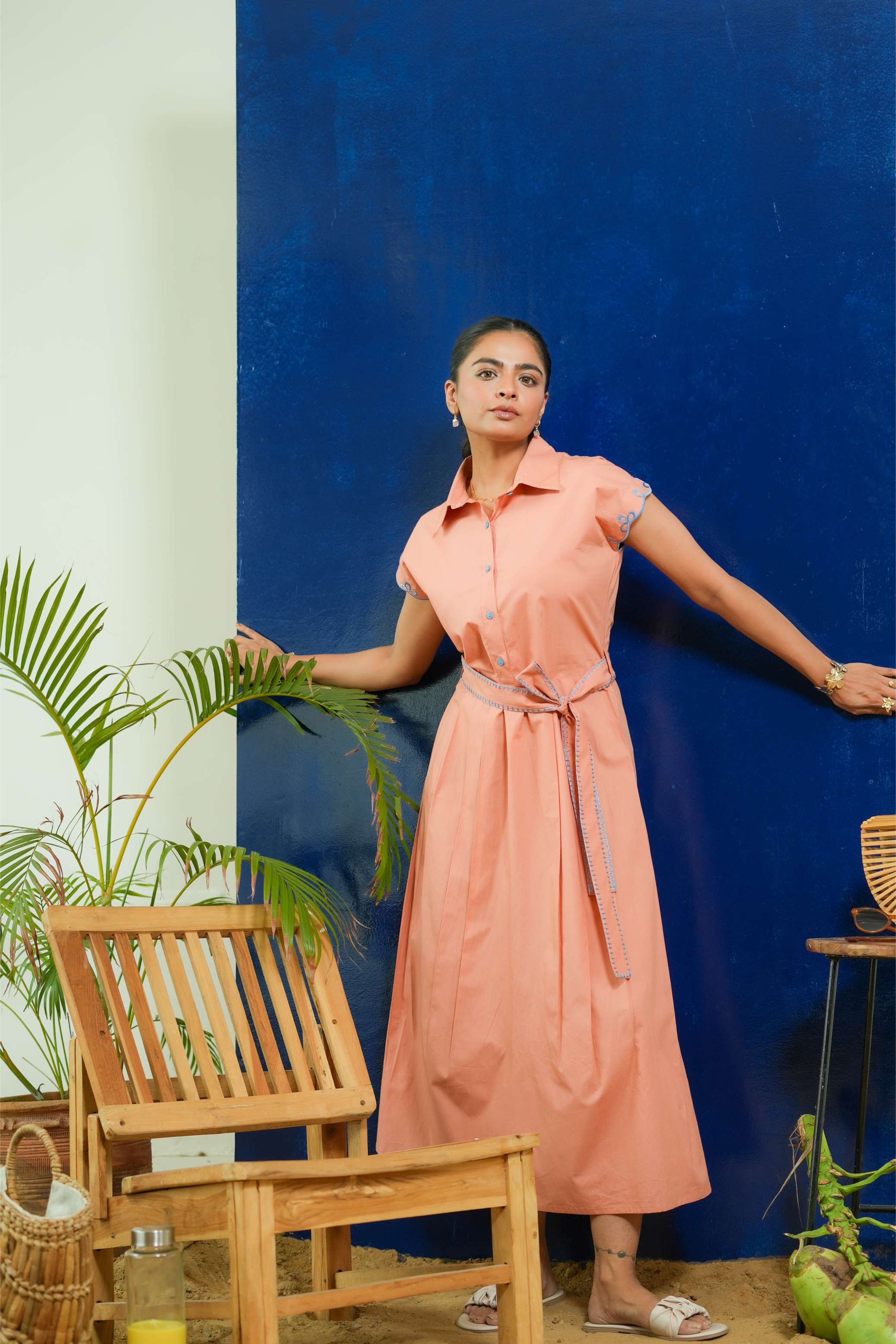 SALMON POPLIN SHIRT DRESS WITH EMBROIDERED BELT