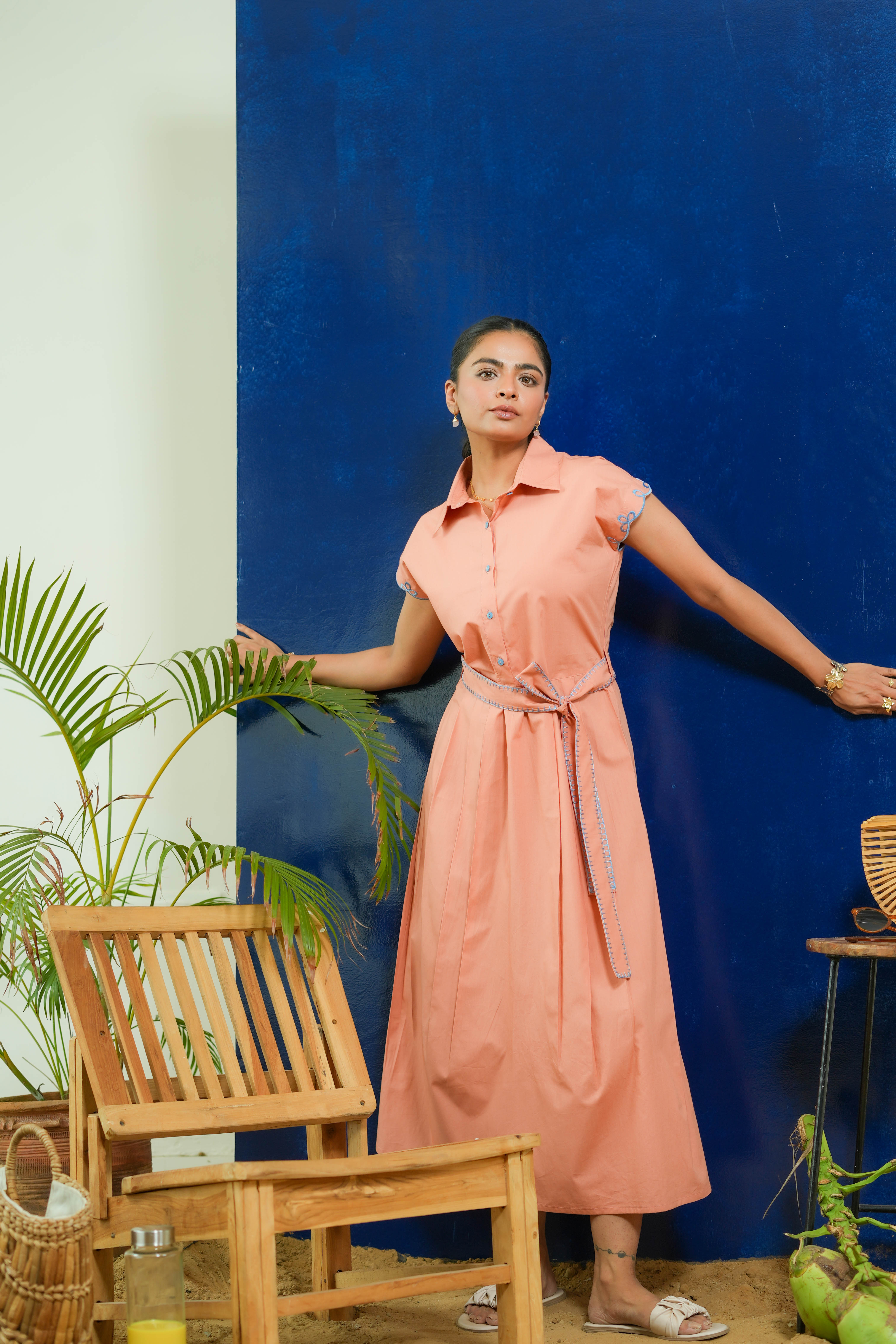 SALMON POPLIN SHIRT DRESS WITH EMBROIDERED BELT