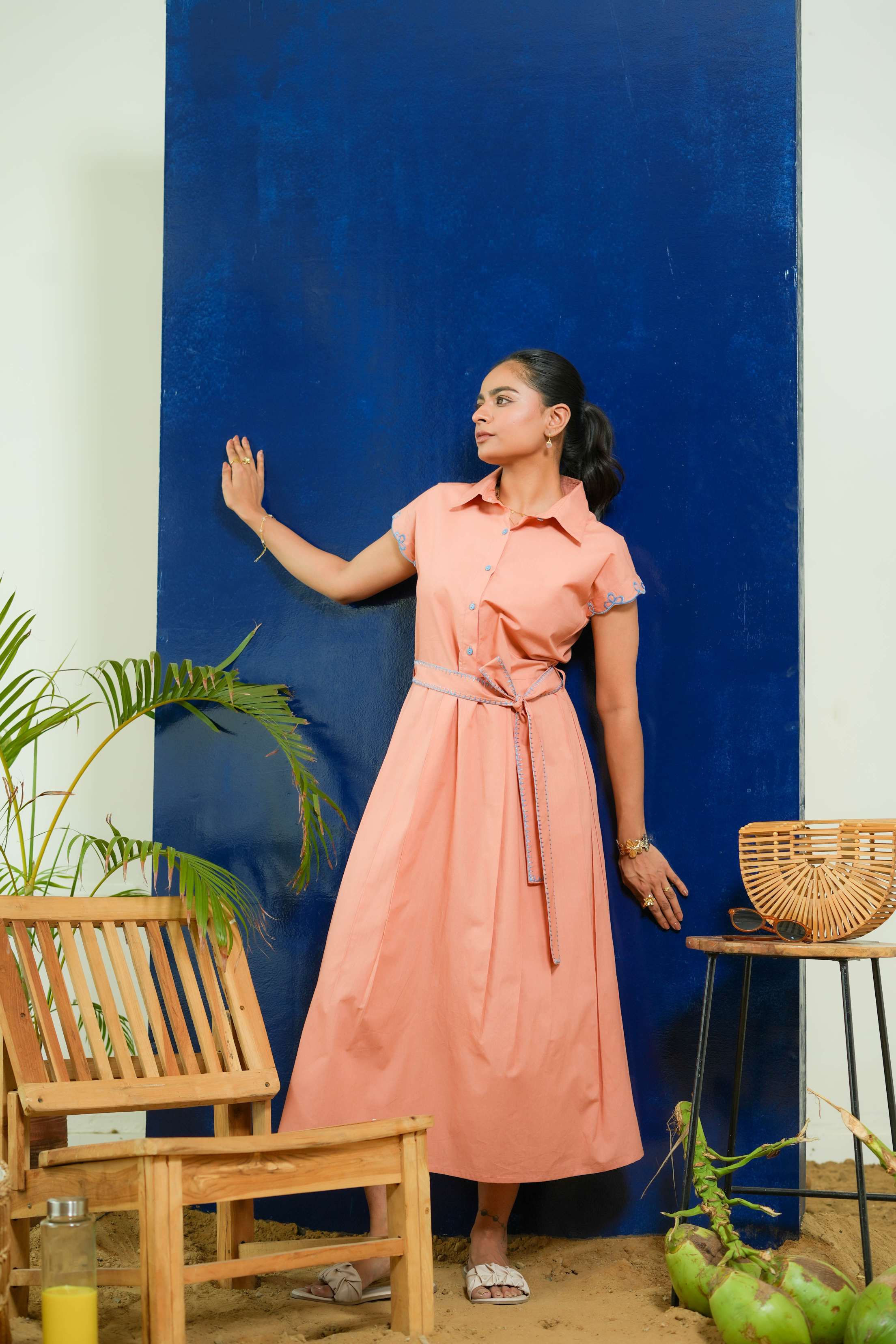 SALMON POPLIN SHIRT DRESS WITH EMBROIDERED BELT