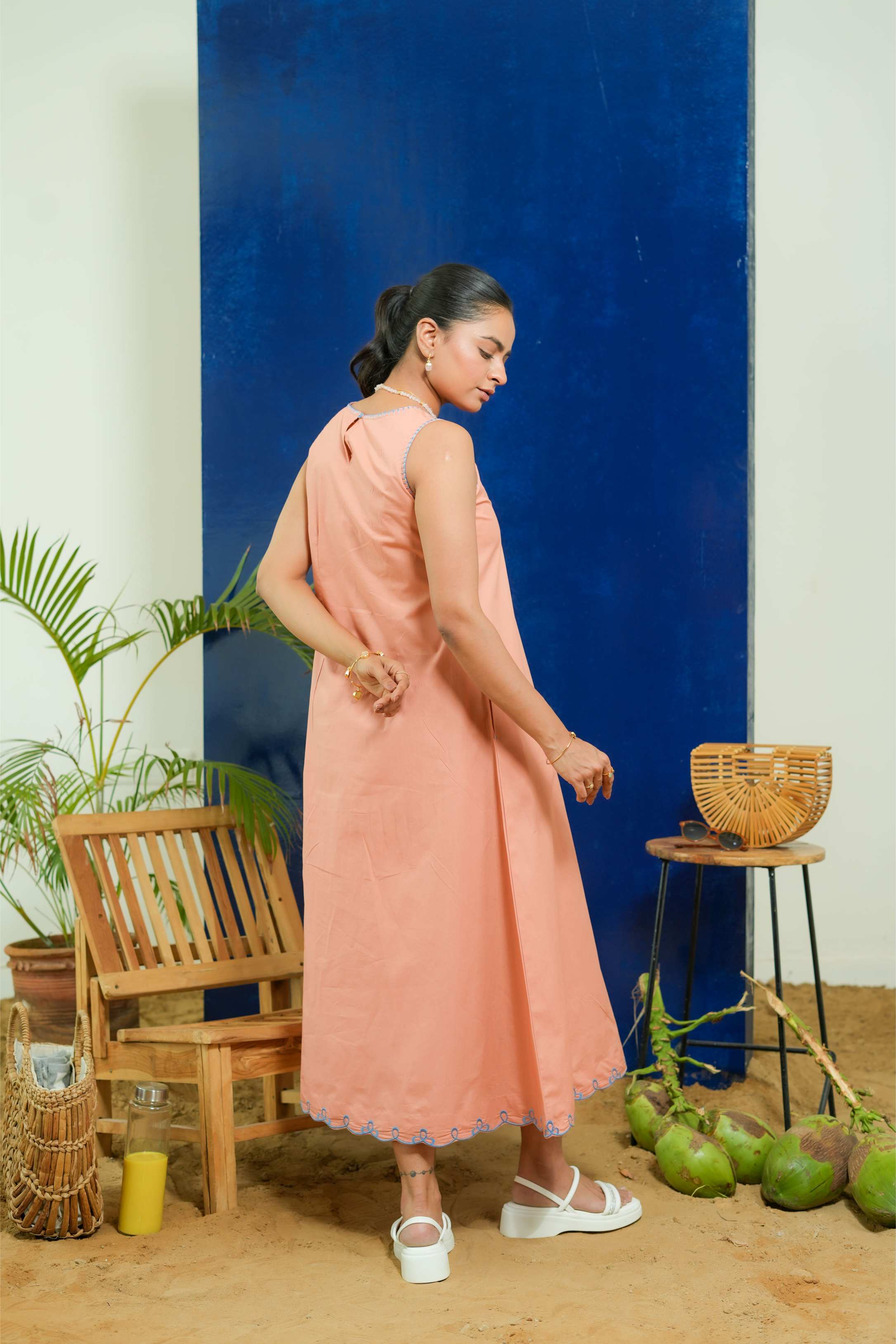 SALMON ROUND NECK A-LINE DRESS
