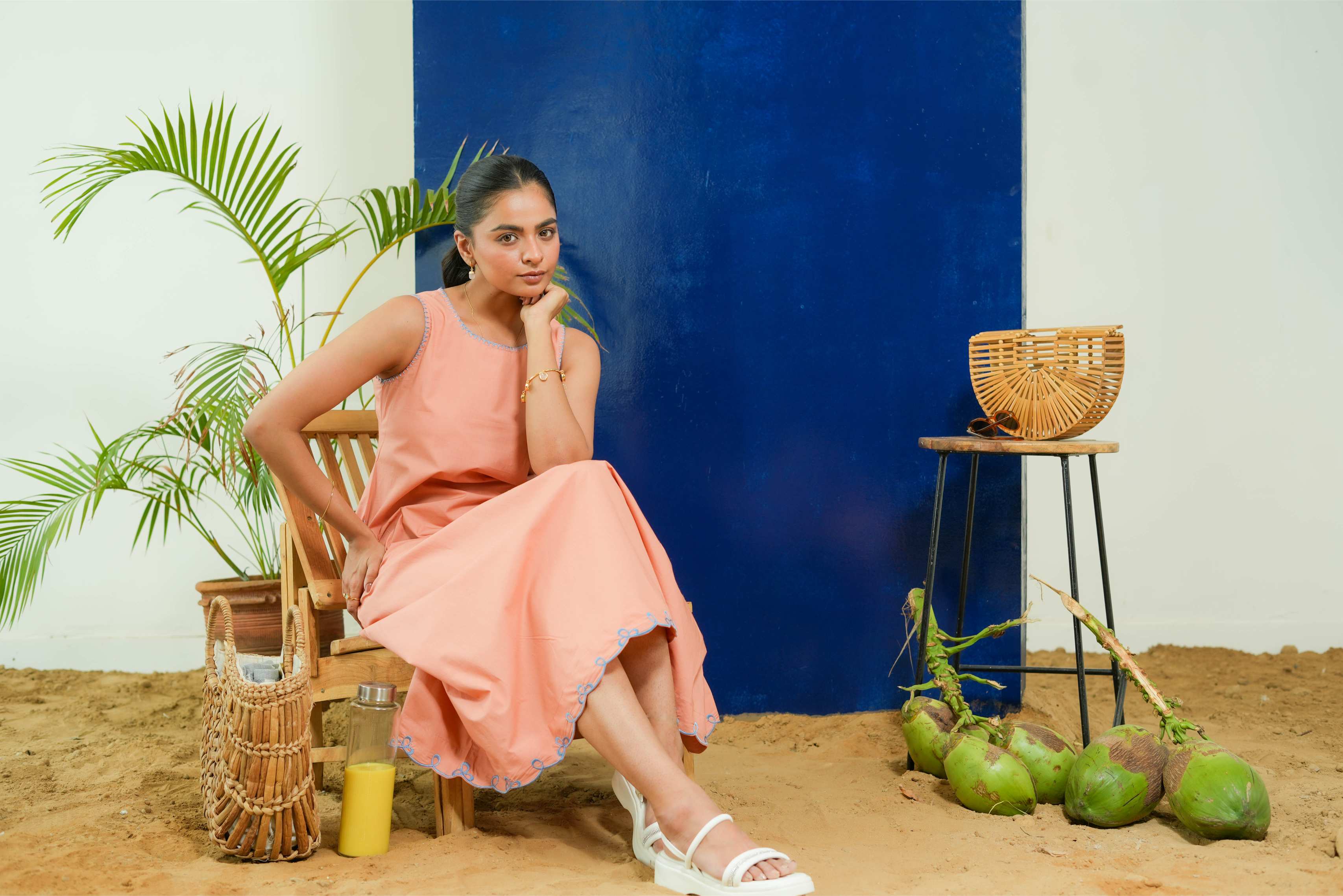 SALMON ROUND NECK A-LINE DRESS