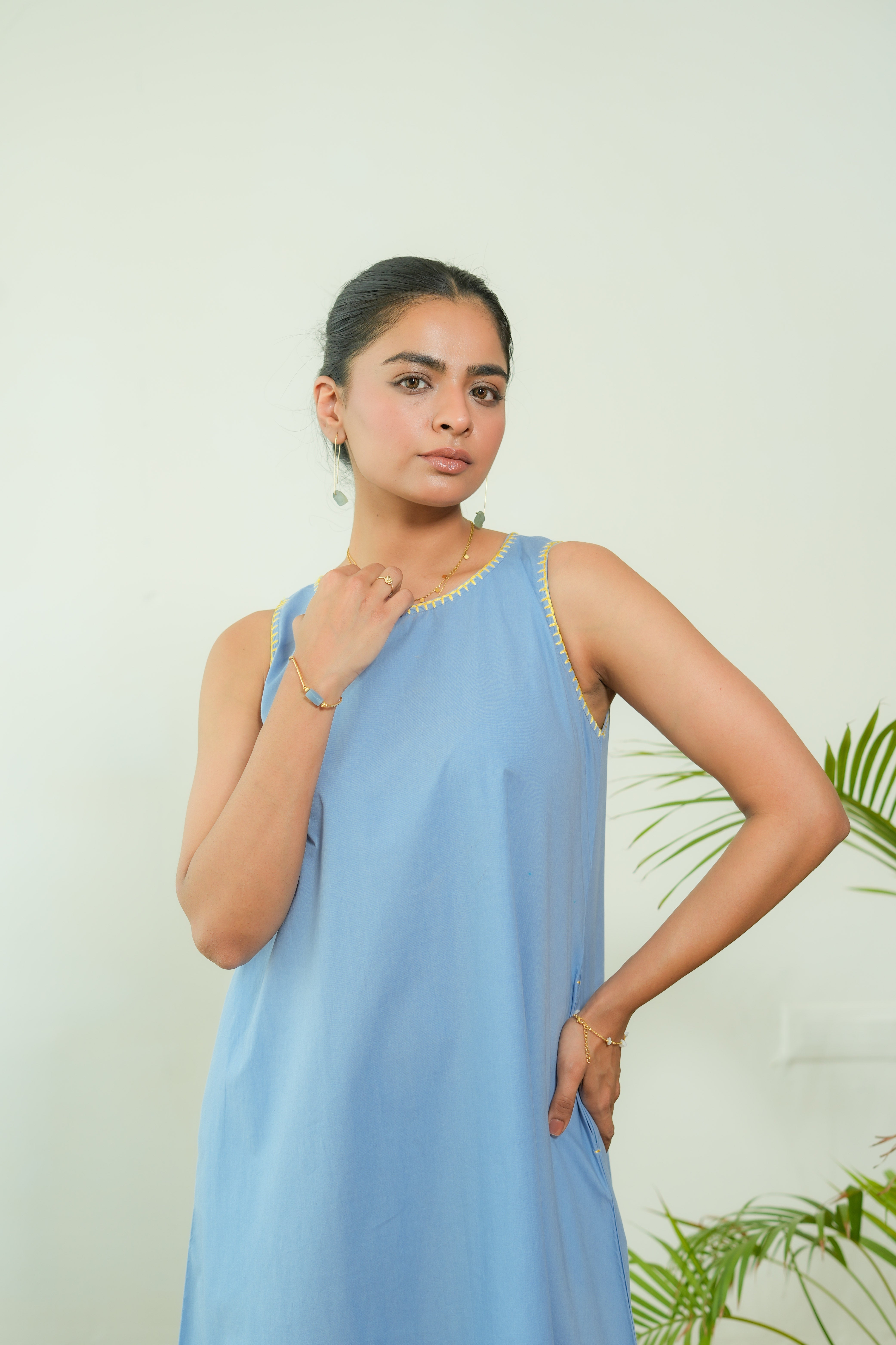 POWDER BLUE ROUND NECK A-LINE DRESS