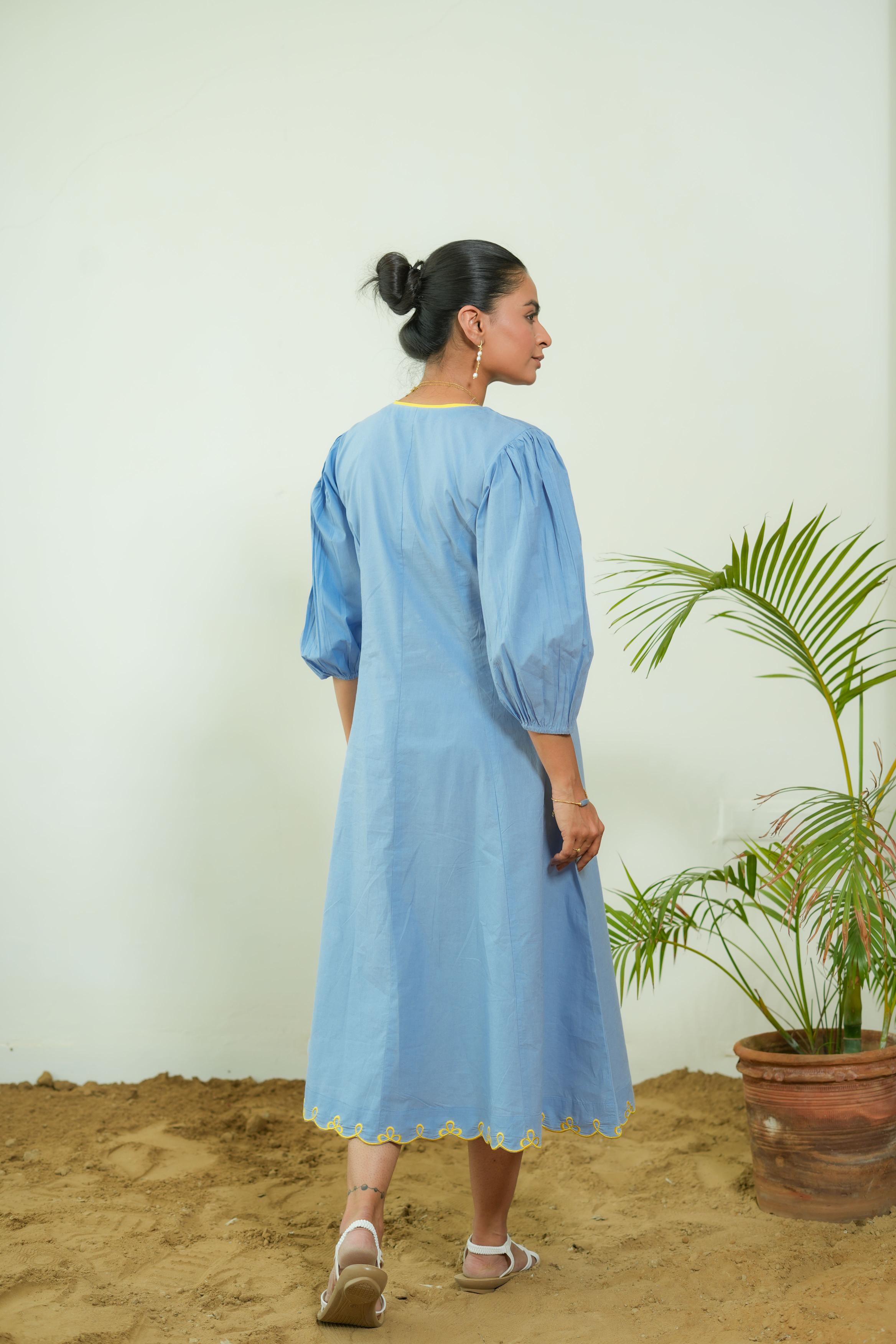 BUBBLEGUM POWDER BLUE  POPLIN PUFF SLEEVES MIDI DRESS