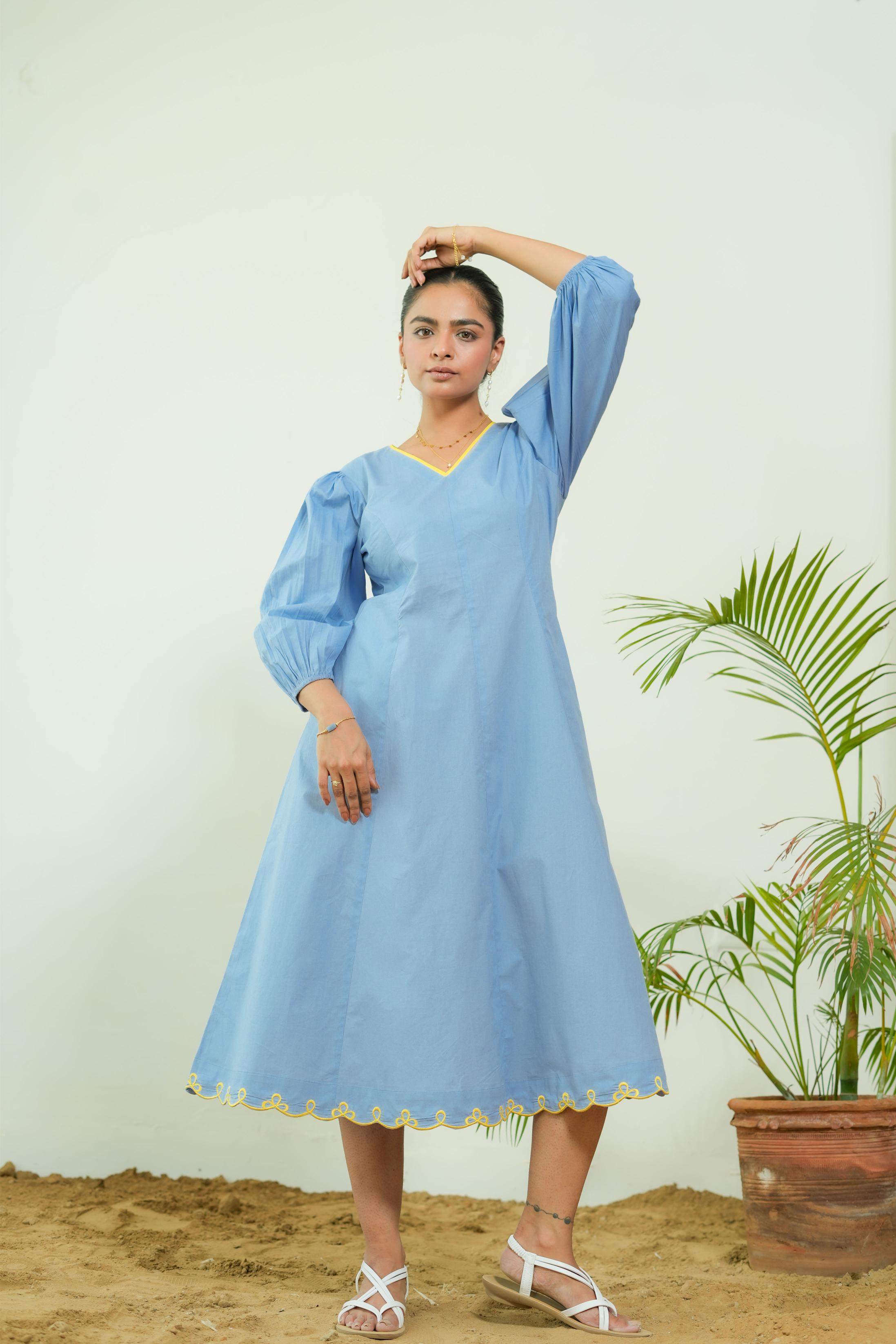 BUBBLEGUM POWDER BLUE  POPLIN PUFF SLEEVES MIDI DRESS
